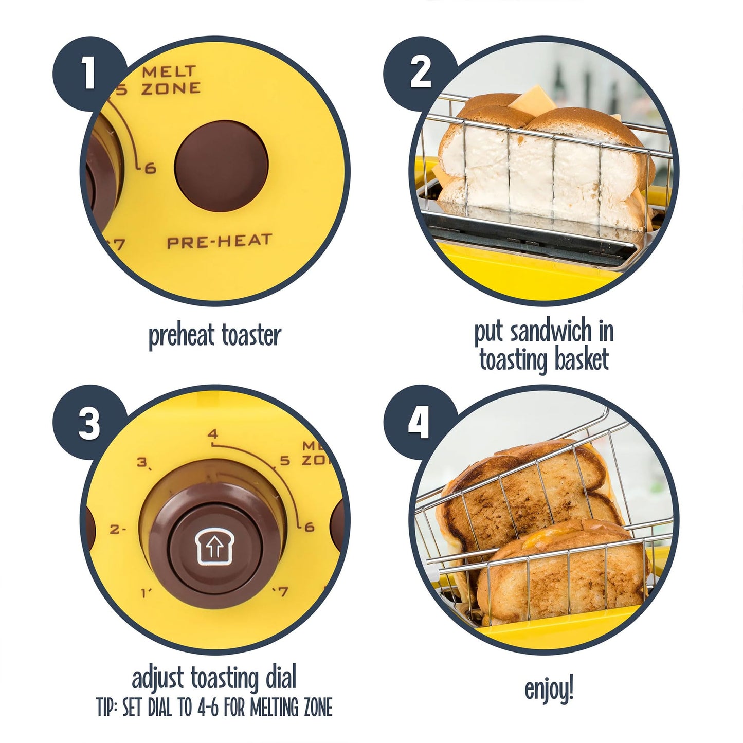 Nostalgia Deluxe Grilled Cheese Sandwich Toaster with Easy-Clean Toasting Baskets - Adjustable Toasting Dial and Extra Wide Slots - Yellow