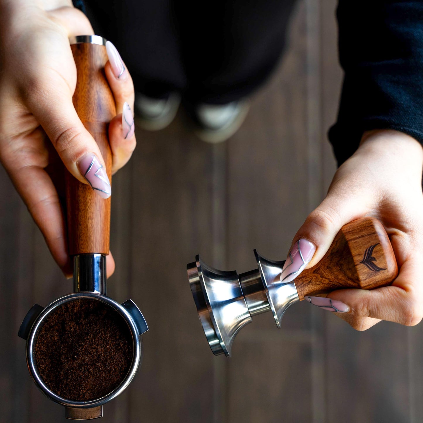 54mm Espresso Tamper for Breville Machine Rosewood KNODOS Auto Leveling, Double Spring Loaded Wooden 30LB Calibrated Coffee Tamper