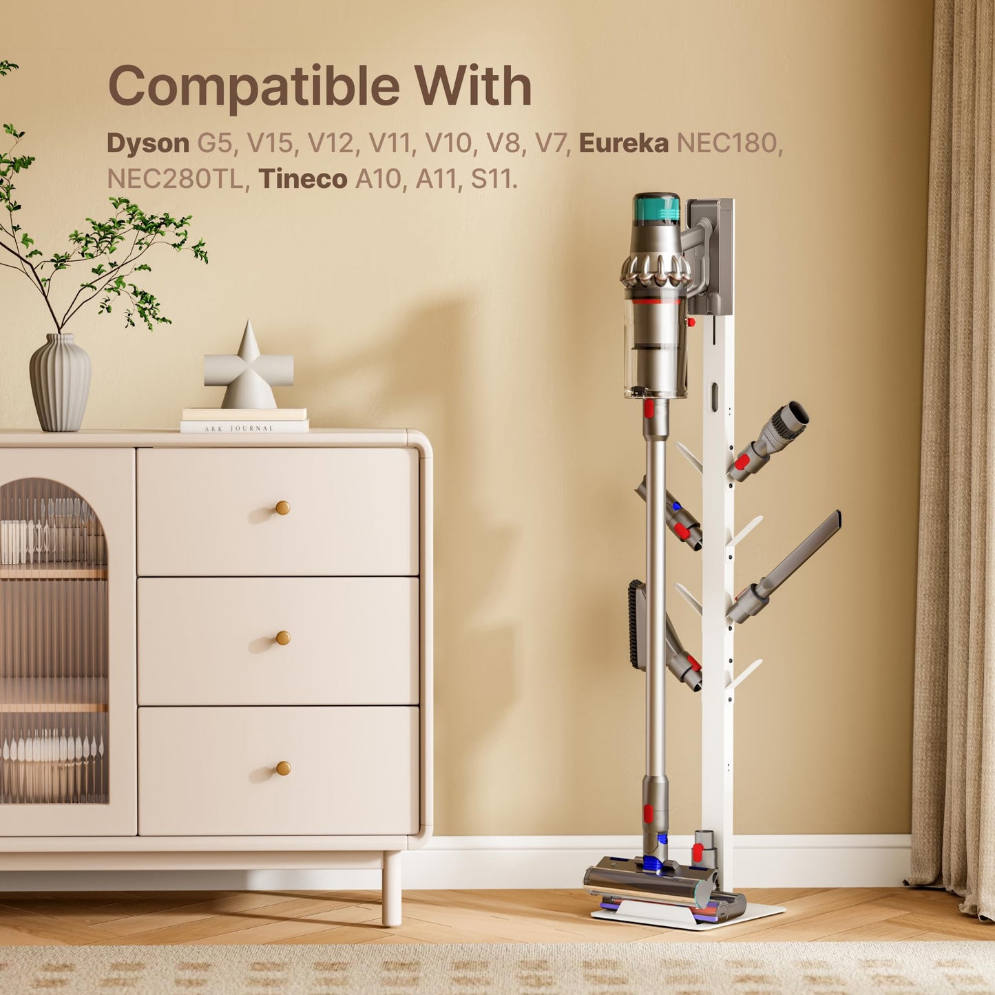 PEGZONE Vacuum Stand Compatible with Dyson G5 V15 V12 V11 V10 V9 V8 V7, S11 A10 A11, NEC180 280TL, Cordless Vacuum Holder with 8 Storage Hooks, Accessories & Attachments Organizer, White
