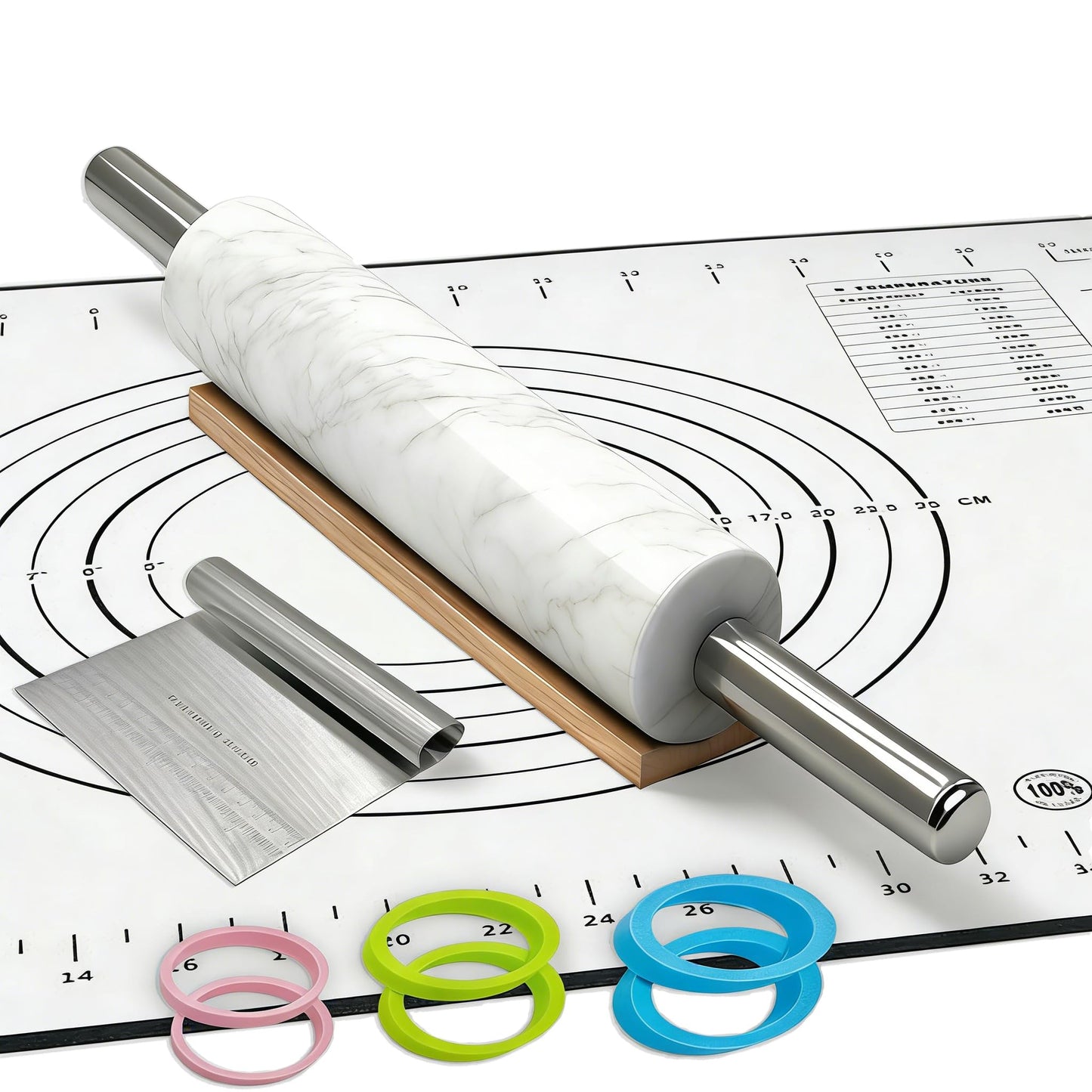 White Marble Rolling Pin with Stainless Steel Handles Baking Set - Silicone Baking Mat, Stainless Steel Dough Cutter, 3 Multicolor Thickness Guides & Wooden Base, Ideal for Pastry, Dough & Pizza
