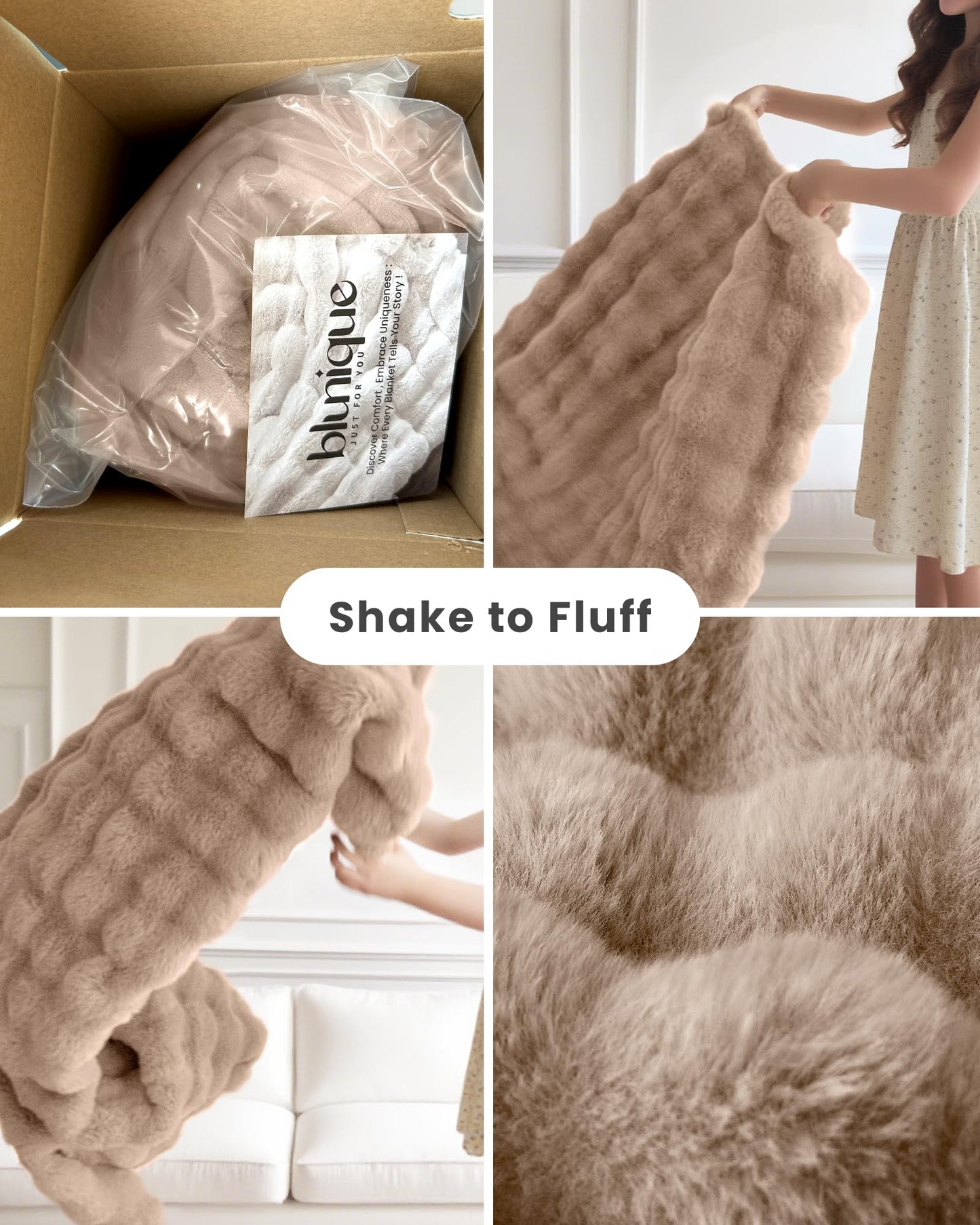 blunique Ultra Soft Cozy Faux Fur Throw Blanket, Fuzzy Plush Thick Bubble Blanket, Oversize Luxury Fluffy Blanket for Couch, Sofa, Bedroom, and Living Room, 50x60 Inches, Light Brown