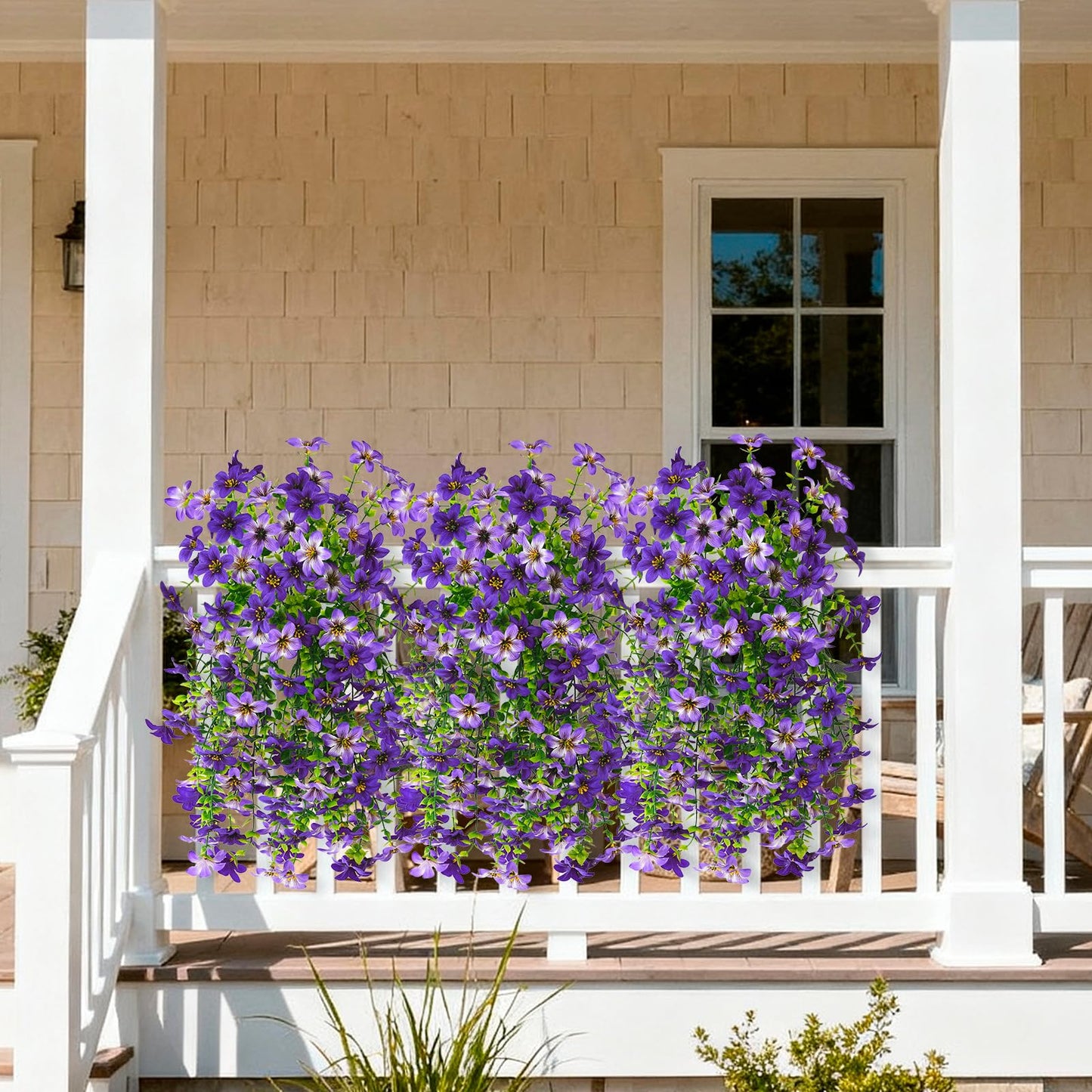 Artificial Faux Hanging Flowers Plants Baskets for Outdoors Fake 3 Bundles Silk in Planter UV Resistant for Porch Patio Balcony Garden Yard Home Decor (3Pcs Purple,1Pcs Hanging Basket)