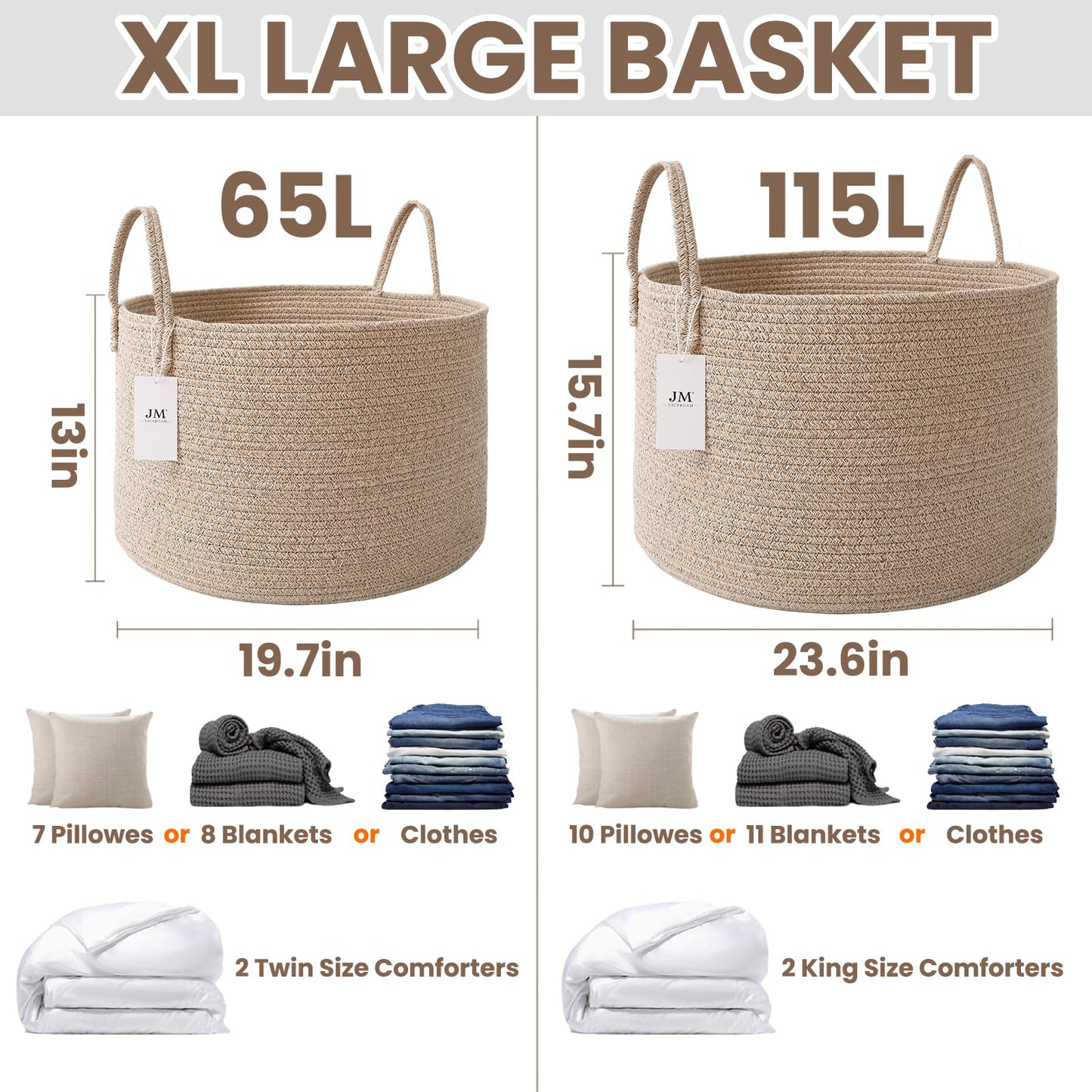 JMvicyroam 115L Extra Large Blanket Basket for Living Room - Woven Cotton Rope Laundry Hamper with Reinforced Handles - Storage Bin for Pillows, Comforters & Toys - Machine Washable,Oatmeal