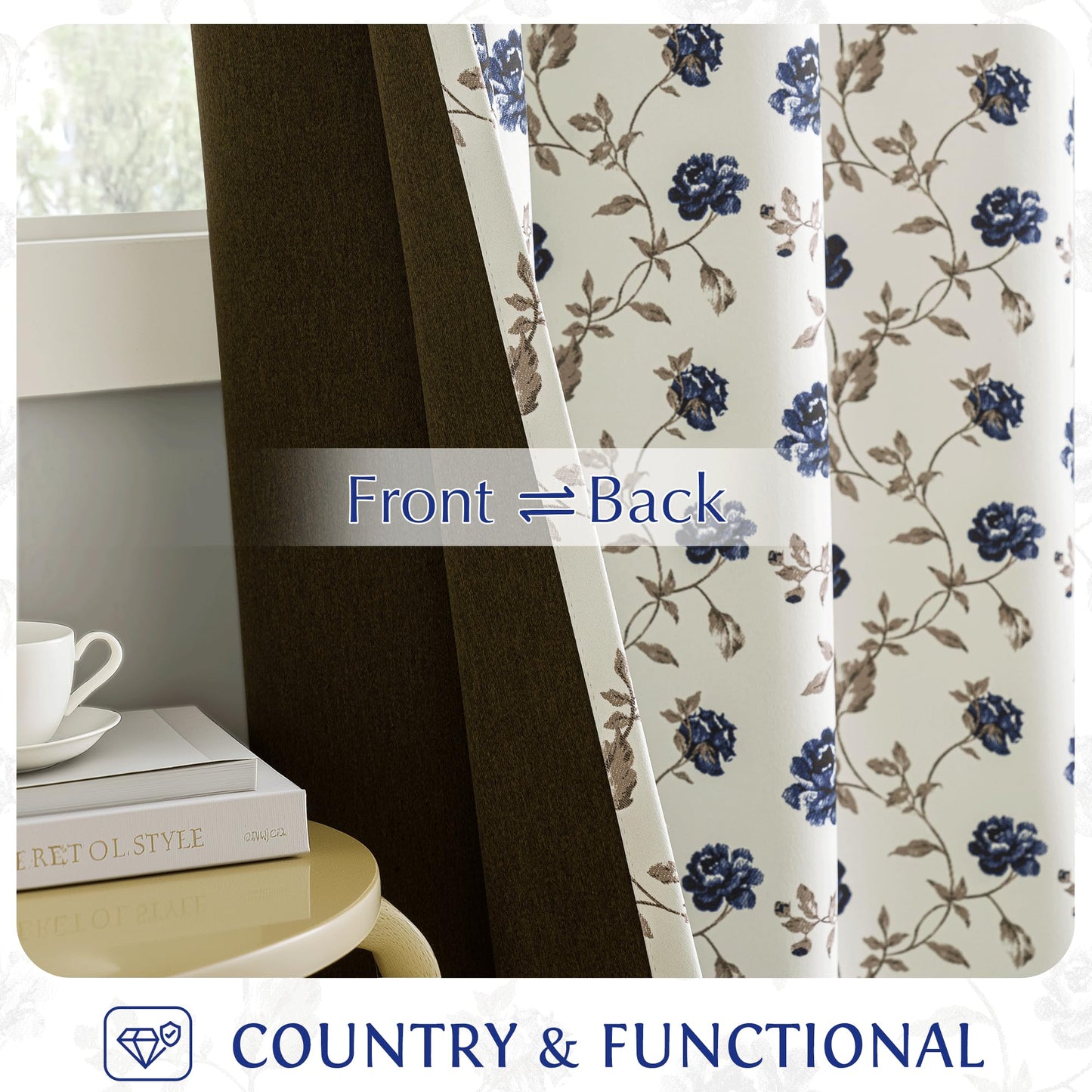 Beauoop Floral 100% Blackout Curtains 84 Inches Long 2 Panels for Bedroom Living Room Blue Brown on Beige Vintage Rose Flower Patterned Room Darkening Thermal Soundproof Grommet Window Drapes, 52X84
