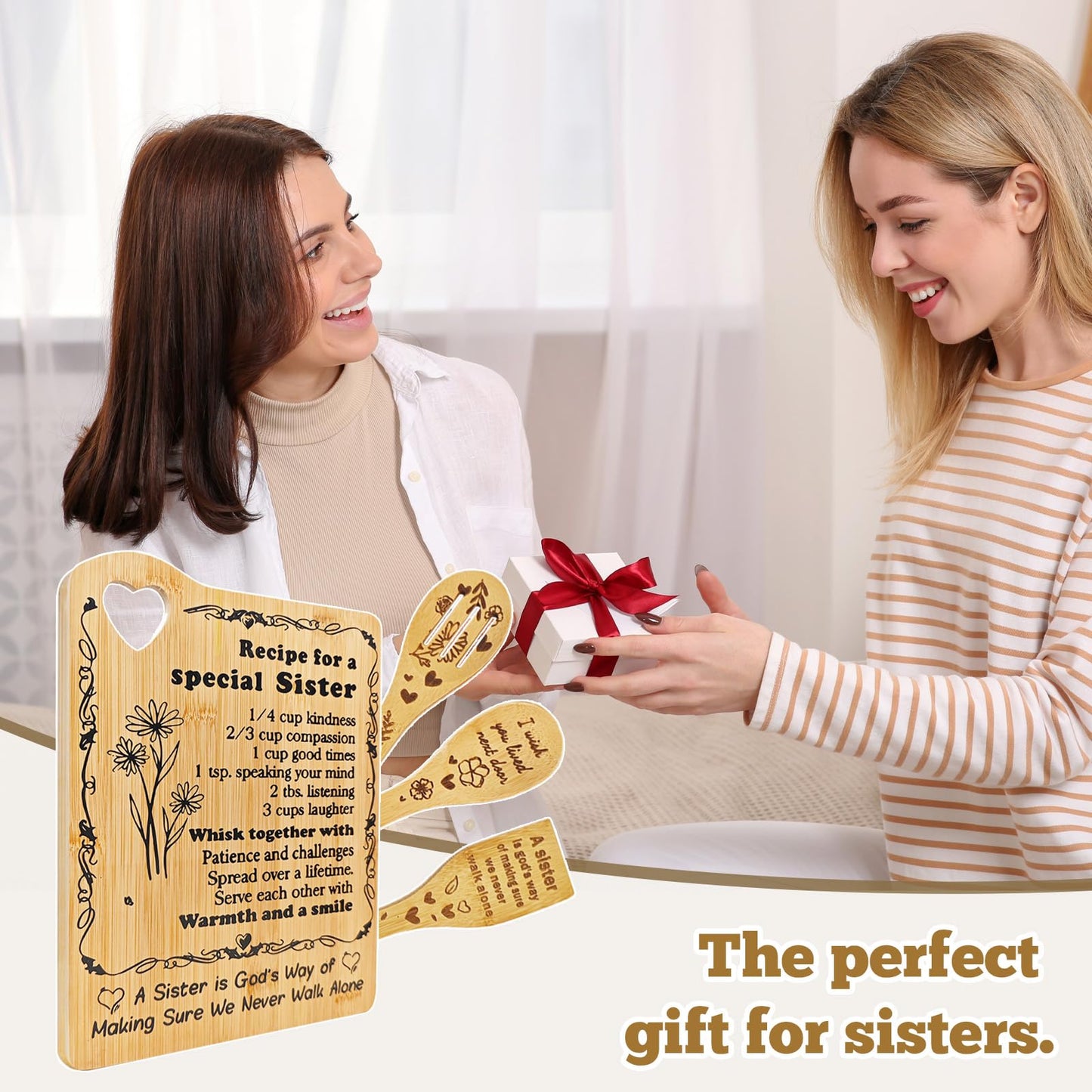 Sister Birthday Gifts - "Recipe for a Special Sister " Cutting Board Set, Bamboo-Made Engraved Utensil Set Sister Gifts from Sister or Brother (For Sister)