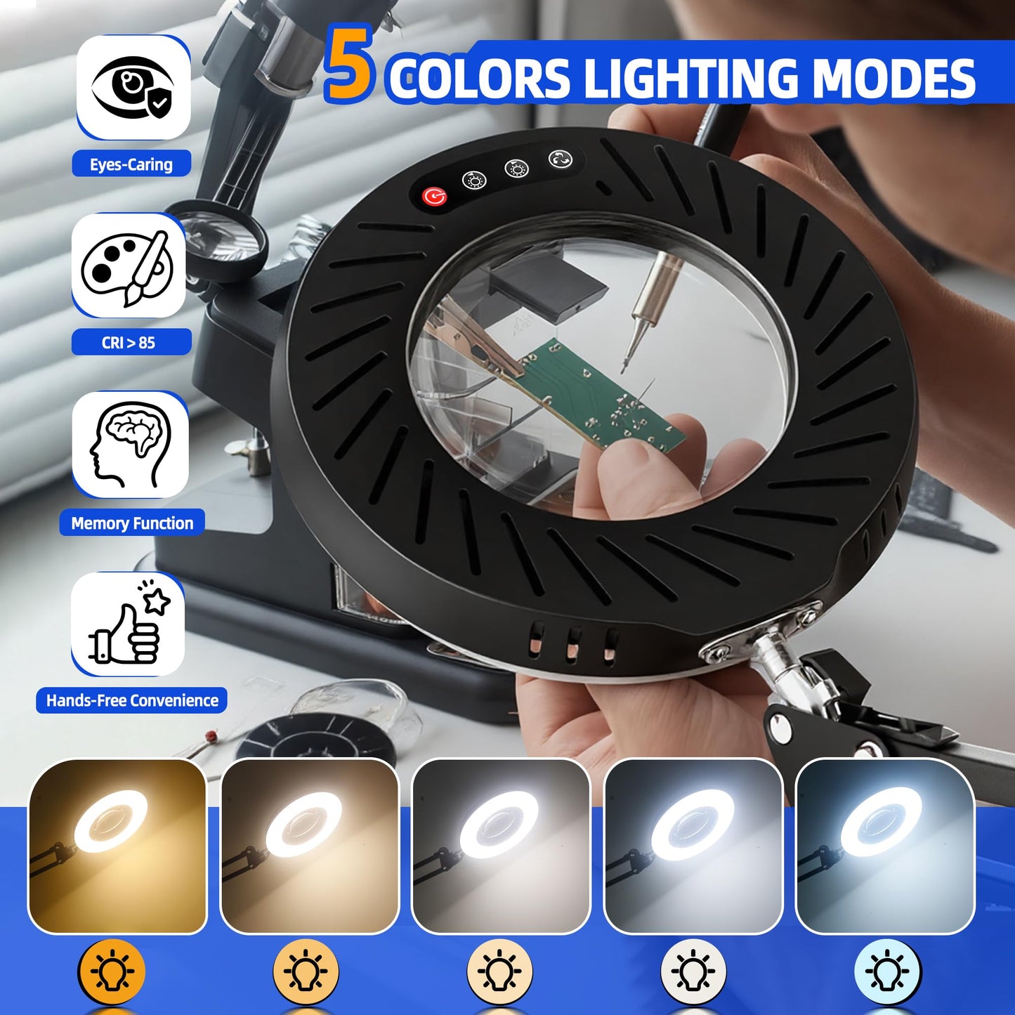 Akynite 12X Magnifying Glass with Light and Stand, 144 LED Real Glass Magnifying Desk Lamp with Base and Clamp, 5 Color Modes 9-Level Dimmable Lighted Magnifier Hands Free for Crafts Sewing Close Work
