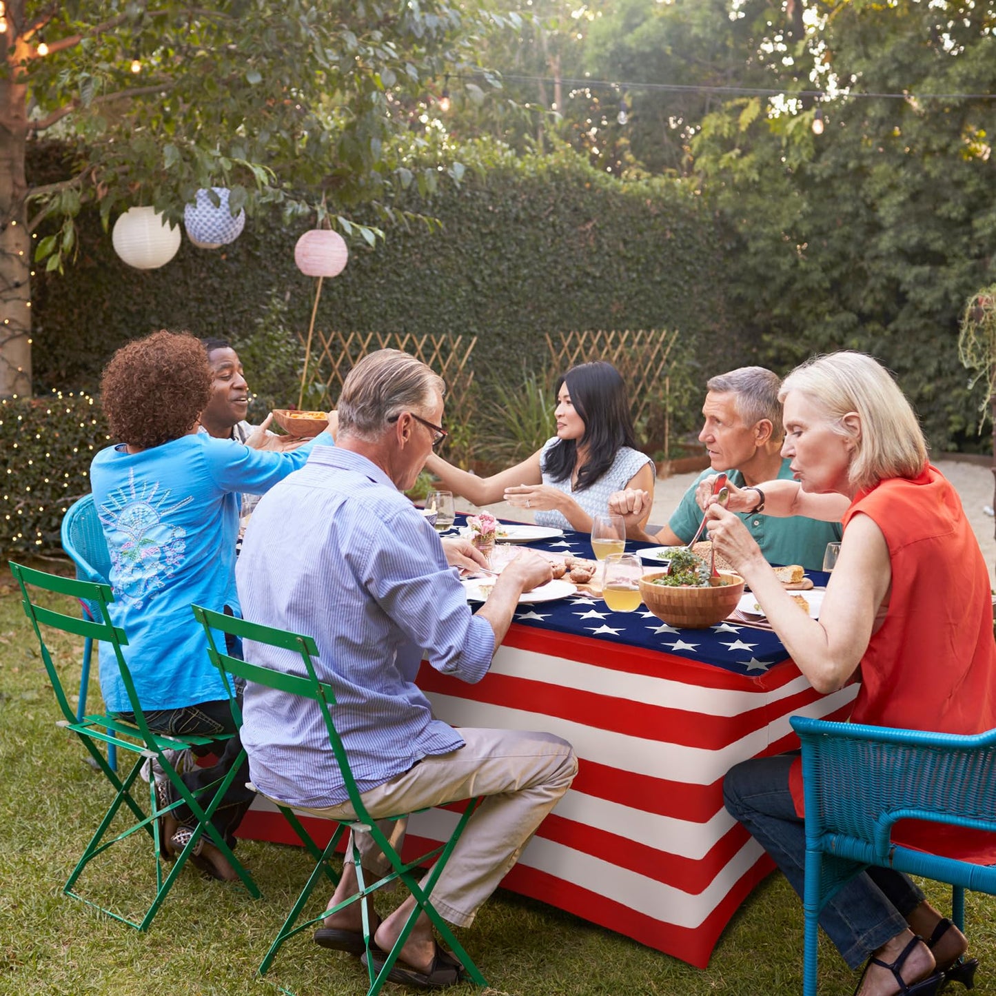 Oudain 2 Pcs 4th of July Table Cover Stretch Tablecloth 6 Feet Red White and Blue Star Memorial Day Spandex Table Clothes Patriotic Party for 250th Anniversary Independence Day Party Celebration