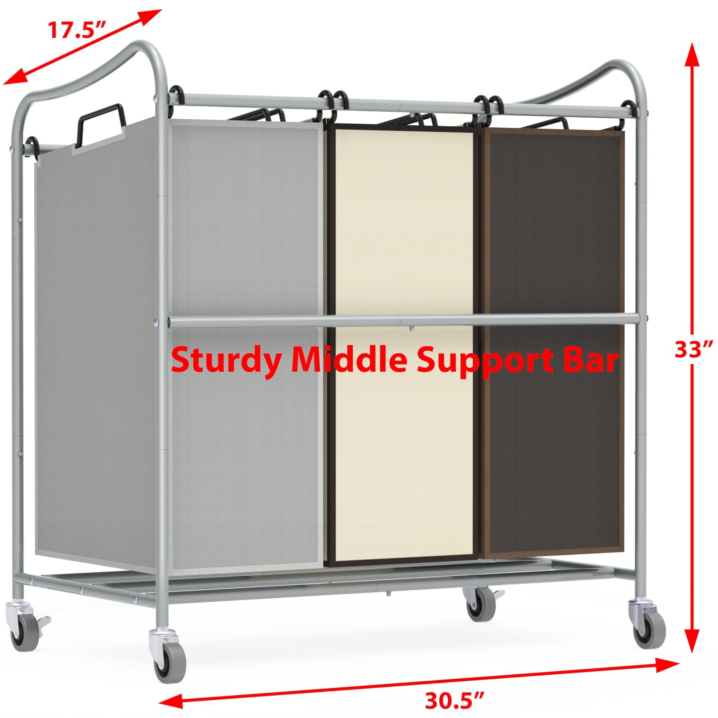 Simple Houseware Heavy Duty 3-Bag Laundry Sorter Rolling Cart, Silver/Assorted – Durable Triple Laundry Hamper with Removable Bags and Lockable Wheels for Laundry Room Organization