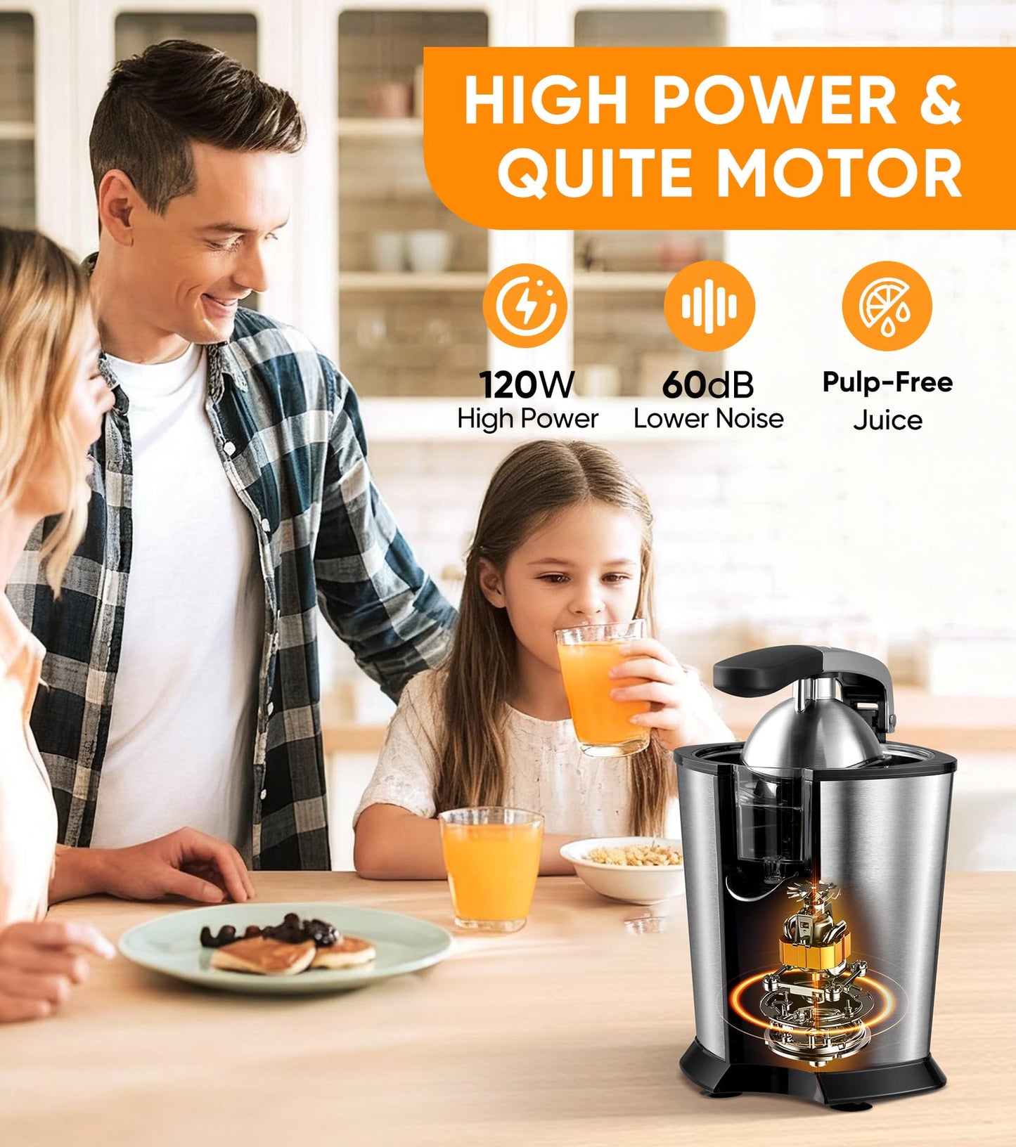 Amzpass Electric Orange Juicer, Citrus Juicer Squeezer with 2 Cones and Soft Grip Handle for Effortless Juicing, Stainless Steel Quiet Orange Juice Extractor Machines for Lime Grapefruit Lemon