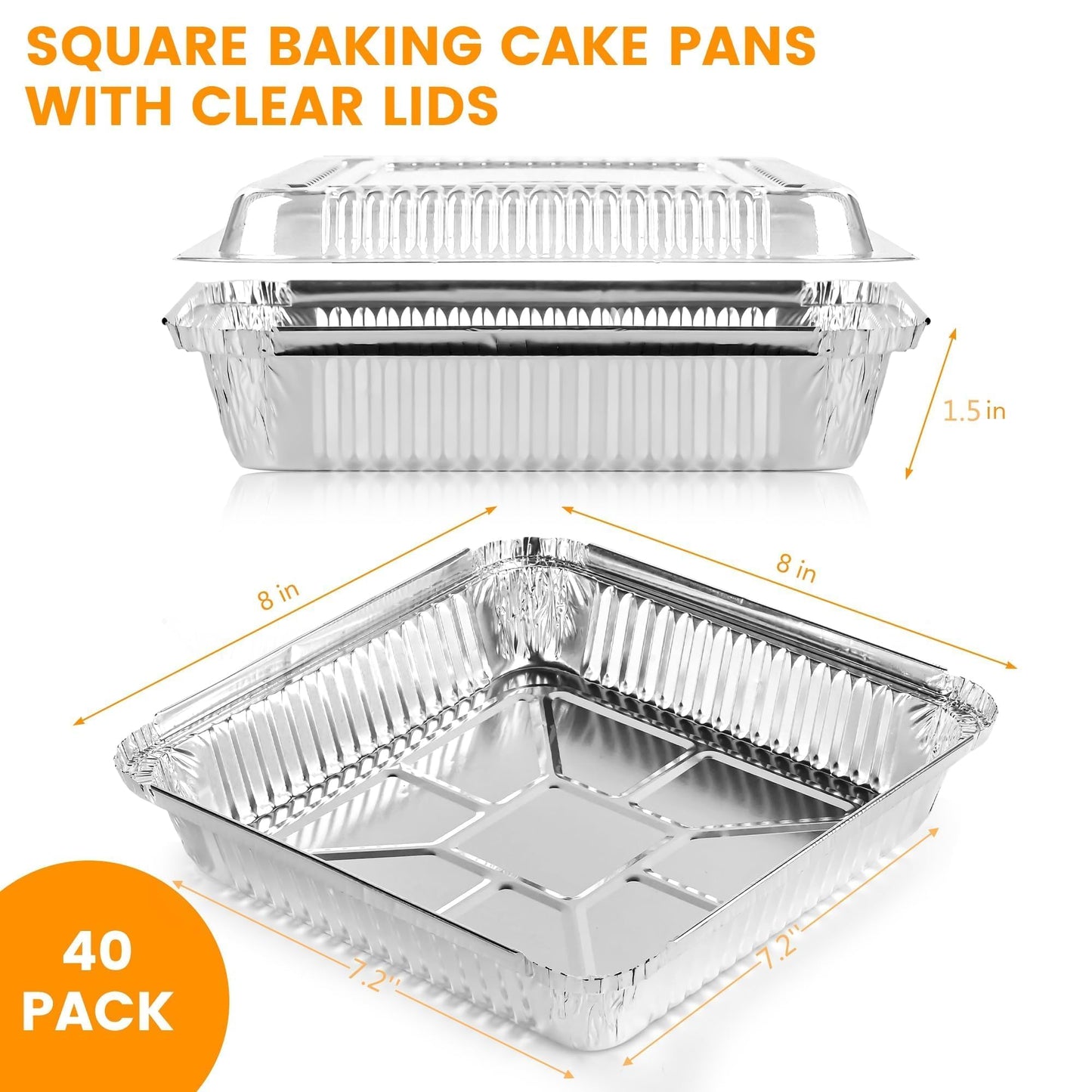 Benestanti 40 Pack 8x8 Inch Aluminum Pans with Clear Plastic Lids - Square Baking Cake Pans - Foil Pans with Lids - Disposable Food Containers Great for Cooking, Heating, Storing, Prepping Food