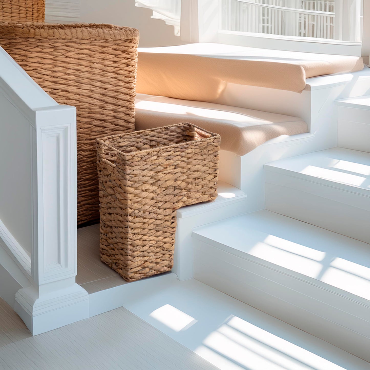 YAHUAN Stair Basket with Handles, Woven Water Hyacinth Stair Baskets for Carpeted Stairs, Stair Storage Basket Staircase Basket for Wooden Stairs (Water Hyacinth)