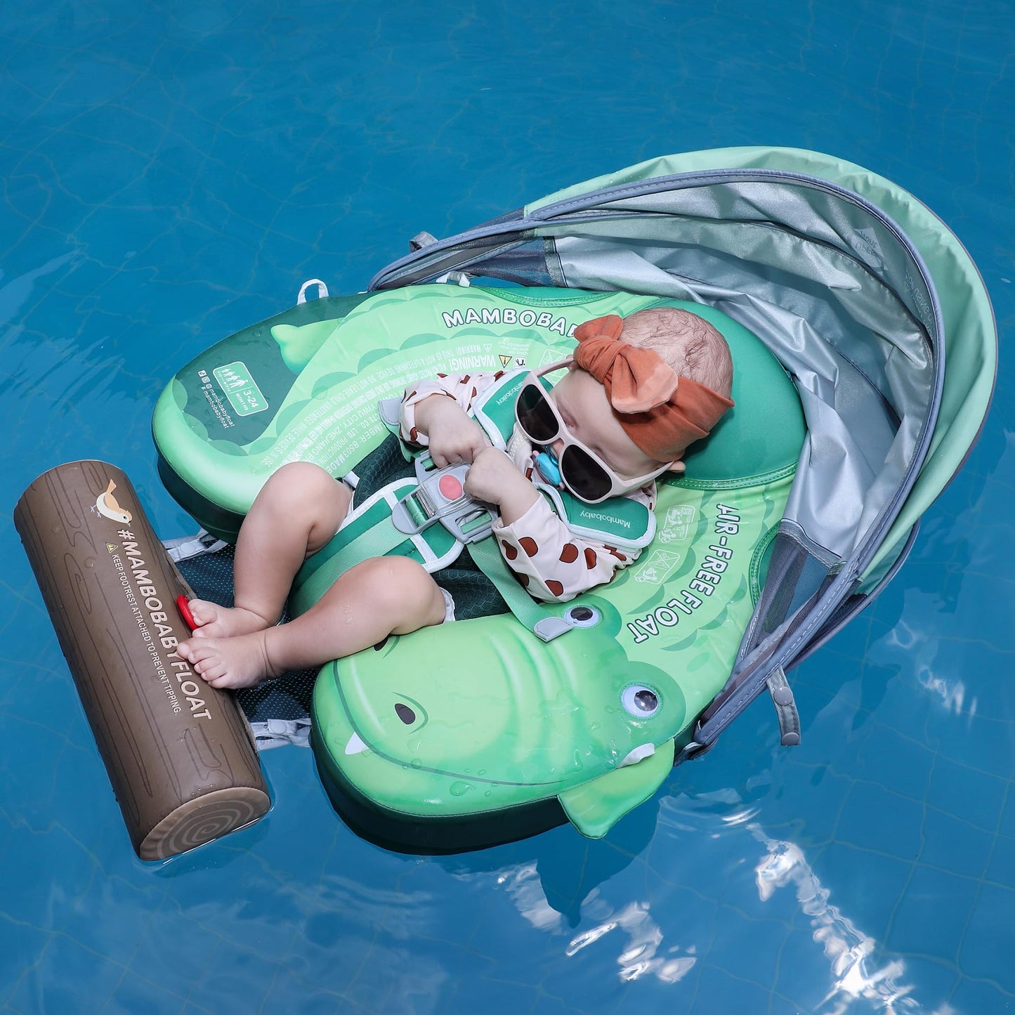 Mambobaby Float Upgrade Add Tail Baby Float with Canopy for Infant Waist Swimming Ring Swim Trainer Non-Inflatable Floats Toys with Adjustable Safety Strap (Green - Crocodiles)