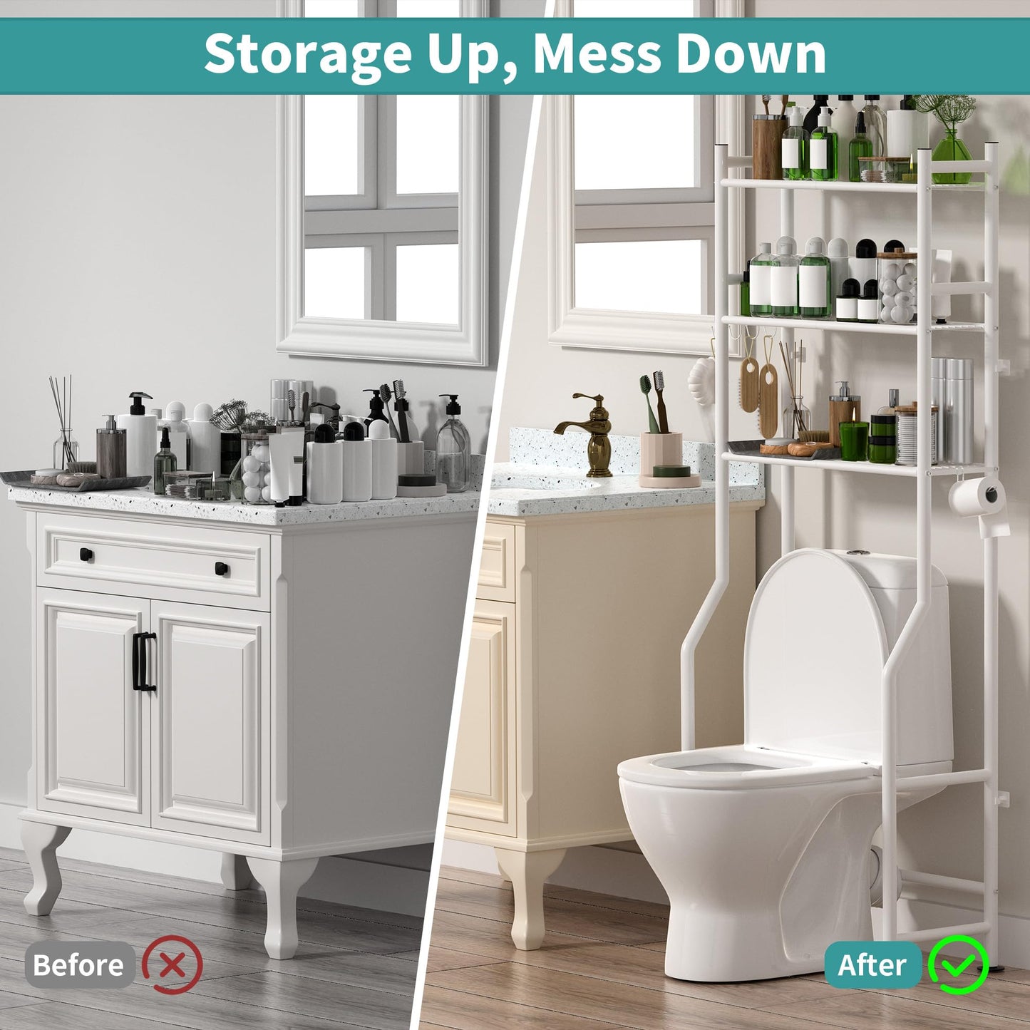 AriseWork 3-Tier Over The Toilet Storage Organizer, Space-Saving Bathroom Rack with Paper Holder & 4 Hooks, 64" Tall Freestanding Carbon Steel Shelf for Small Apartment Laundry Room (White)