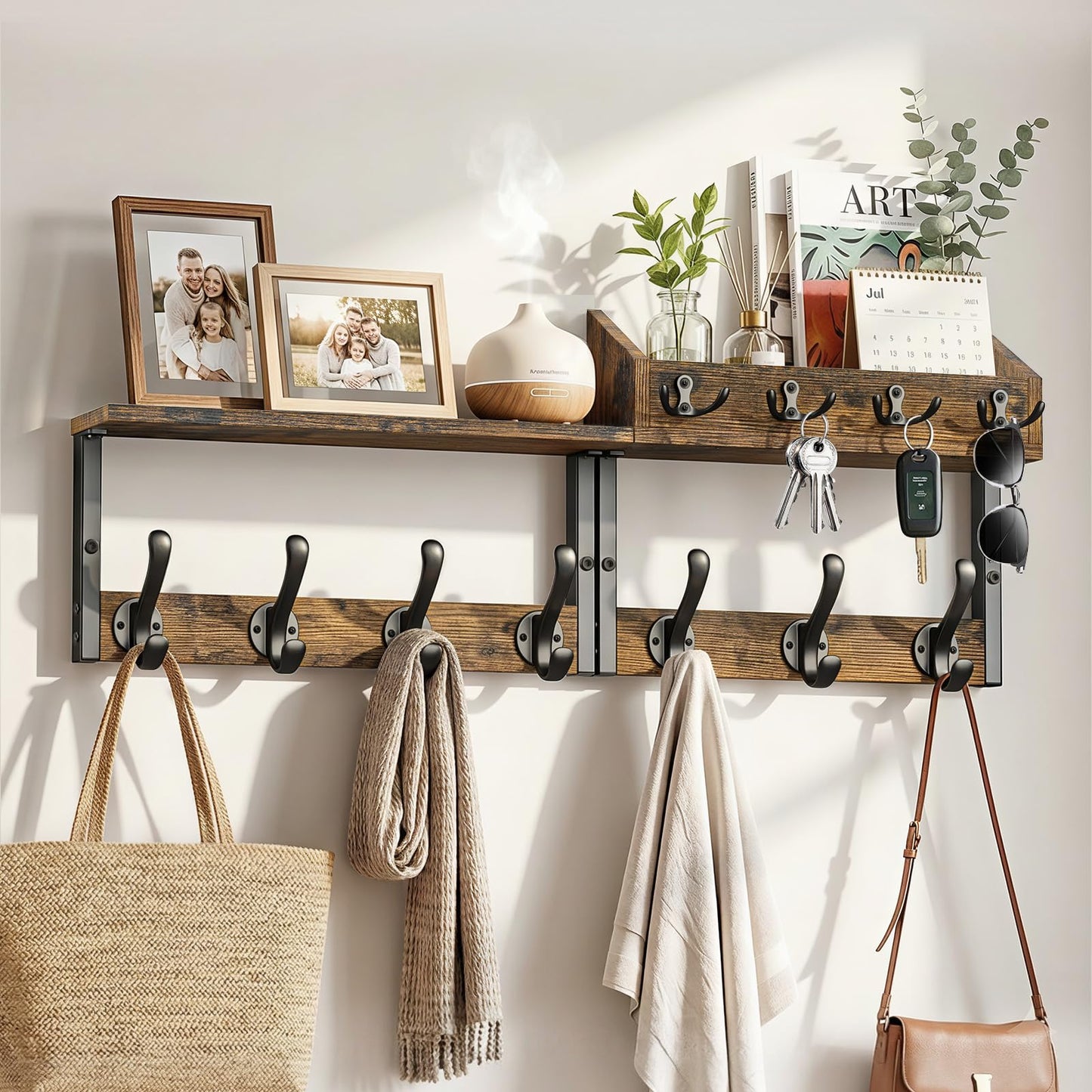 Lewondr Coat Rack Wall Mount with Shelf, 29" Entryway Wall Mounted Shelf with 7 Dual Hooks 4 Key Hooks, Entryway Floating Coat Rack with Mail Holder for Living Room, Bedroom, Vintage Brown