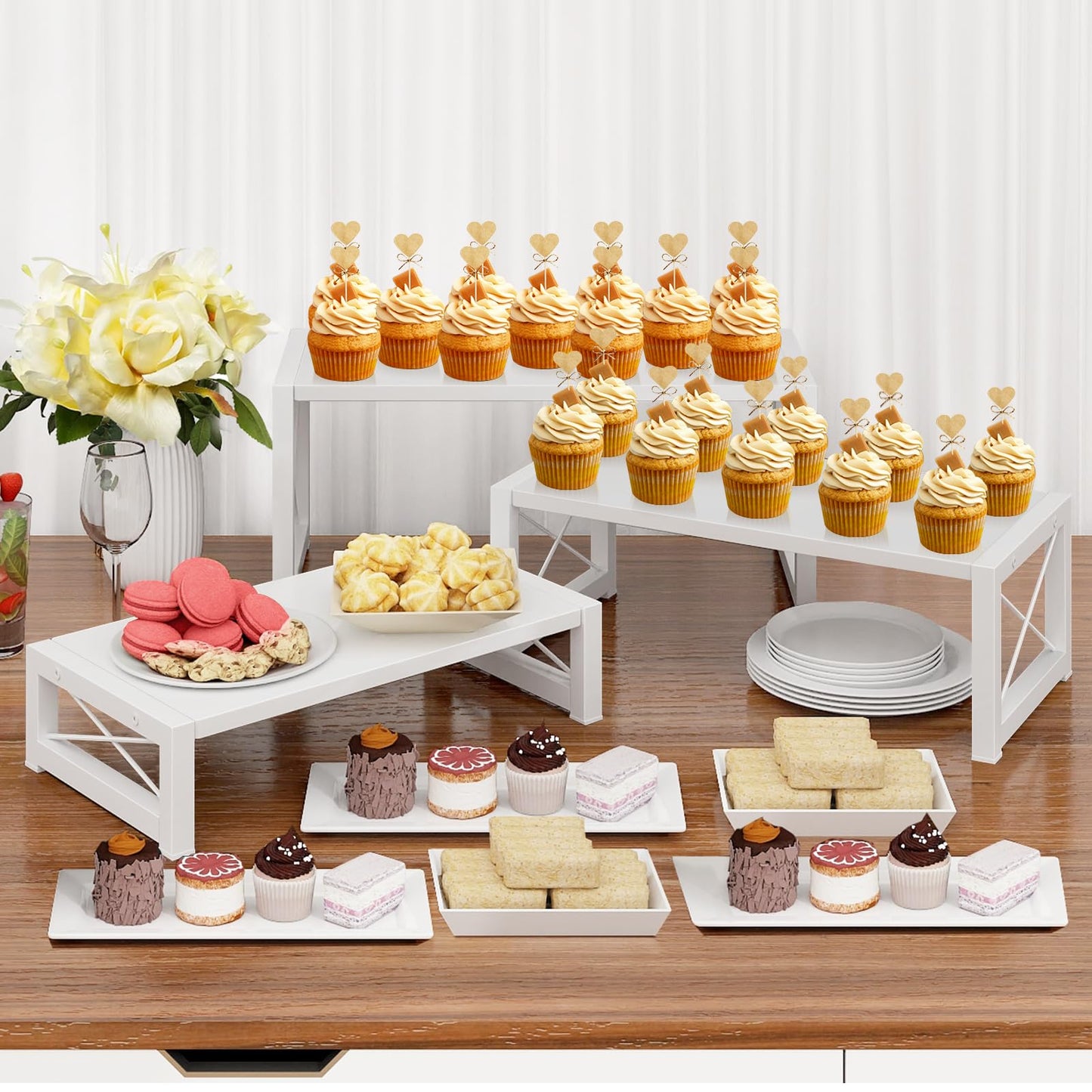 ELITEROO White 3-Tier Cupcake Stand & Wooden Display Riser, Dessert Stand for Cupcakes, Food, Perfume, Makeup, Dolls, Collectibles, Multi-Tiered Shelf Organizer for Market Vendors & Retail Display