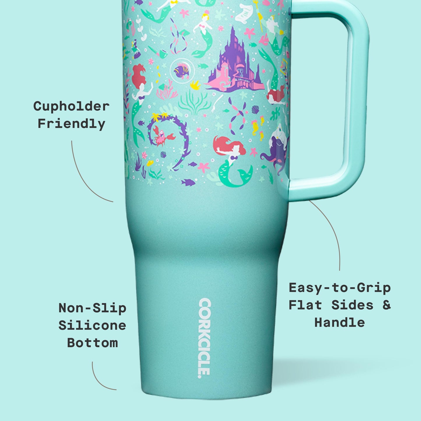 Corkcicle Cruiser Insulated Tumbler with Handle & Straw - Keeps Drinks Ice Cold - Triple-Insulated - Leakproof Travel Mug - BPA-Free - Summer Drinkware Gift - 40 oz, Princess Ariel