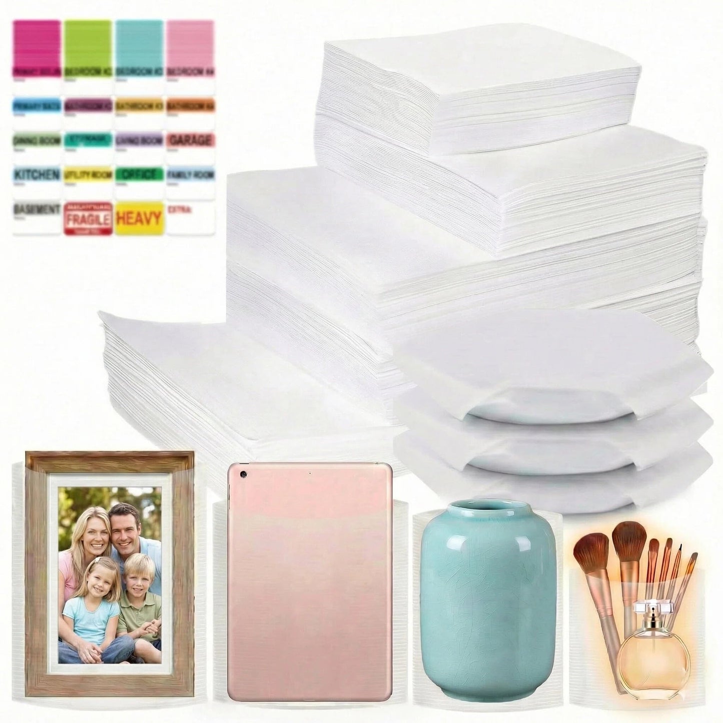 OHVDOC 570-Piece Foam Packing Supplies Kit for Moving,270 Cushion Foam Pouches & Sheets in 4 Sizes | 300 Writable Moving Labels for Glassware, Shipping & Storage