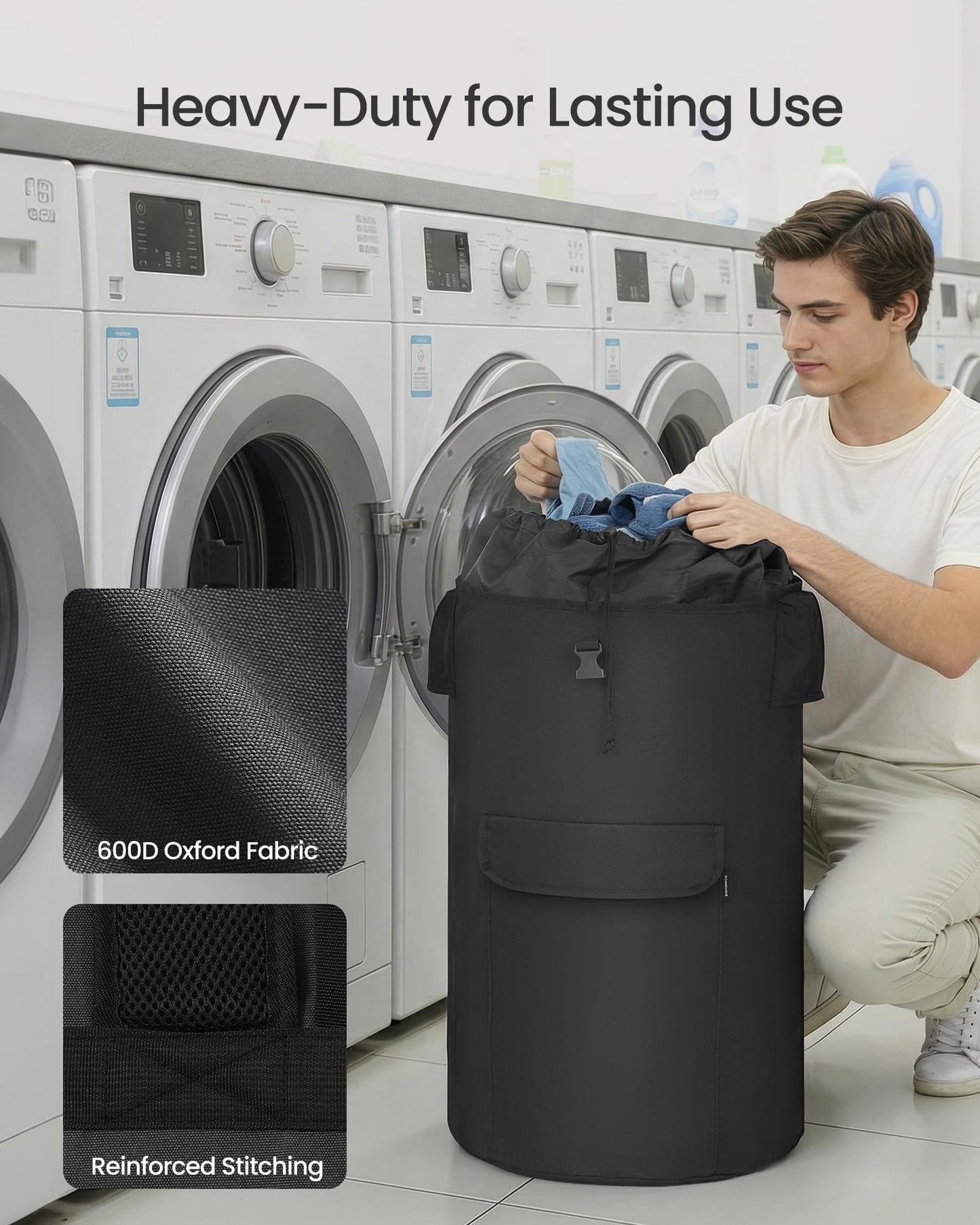 SONGMICS Laundry Bag with Stand, Laundry Backpack 31.7 Gallons (120 L), Heavy-Duty, Large with Extendable Top, Oxford Fabric, Wide Shoulder Straps and Flap Pocket, Ink Black ULCB102BH01