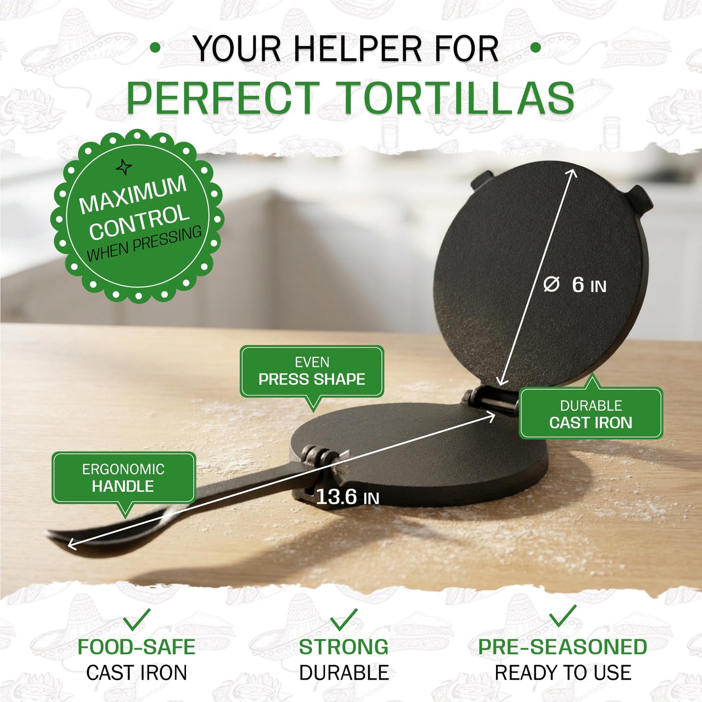 Tortillada – Premium Tortilla Press Cast Iron with Recipes E-Book (12 Inch)