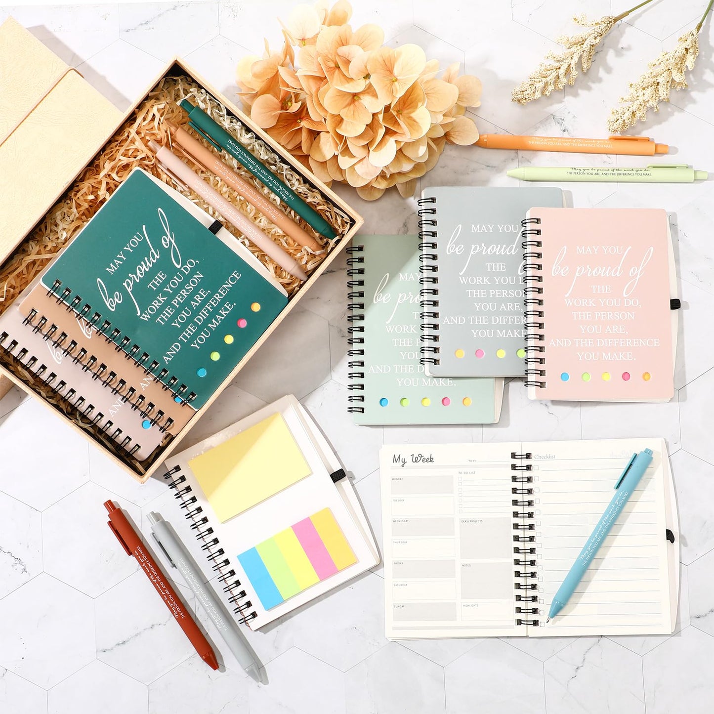 Resurhang 48 Pcs/24 Set End of The Year Teacher Appreciation Gifts Graduation Gift A6 Spiral Notebook with Ballpoint Pen Inspirational Journal for Staff Cna Week Gift(Light Color,May You)