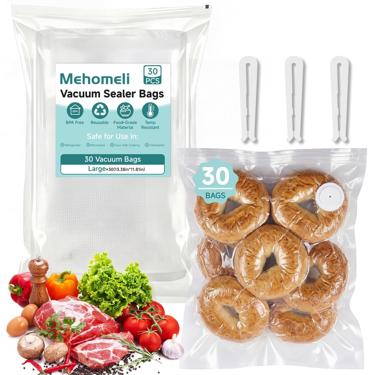 Mehomeli Reusable Vacuum Sealer Bags for Food – 30 BPA-Free Large (11.8 x 13.4in) Food Storage Bags, Freezer Microwave Safe, Odor-Resistant, Leak-Proof – Compatible with Handheld Vacuum Sealers