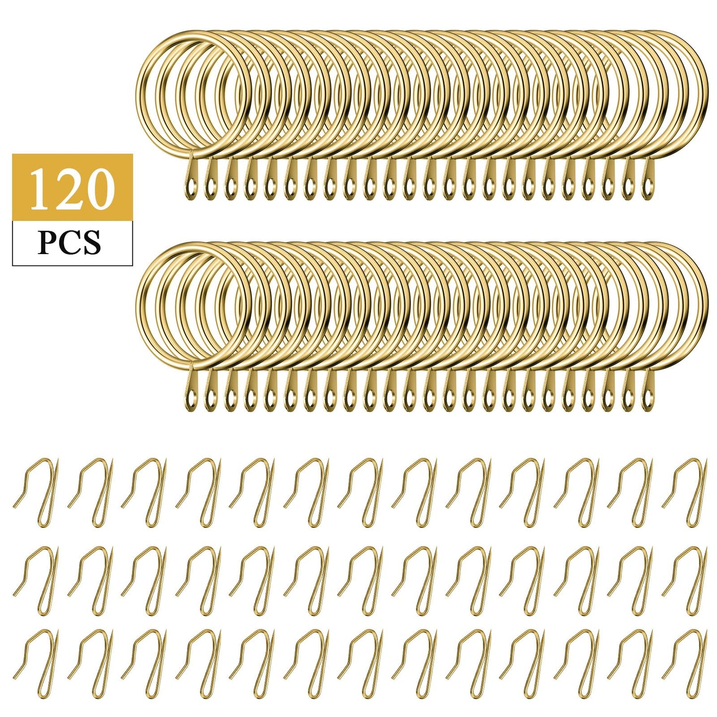 Hotop 60 Pieces 1.26 Inch Metal Drapery Curtain Rings Curtain Hanging Rings and 60 Pieces Metal Drapery Pin Hooks for Drapes Window Door Shower (Gold)