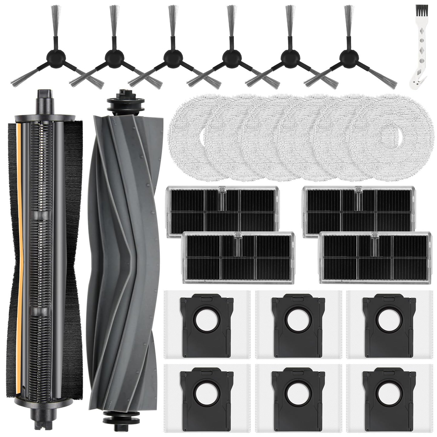 25Pcs Replacement Parts for Dreame L10s Pro Ultra Heat/L10s Ultra Gen2/L40s Ultra CE/AE/X30 Ultra/Mova E30 Ultra Robot,1Rubber Brush,1TriCut Brush,6Dust Bags,4Filters,6Pads,6Side Brushes,1Clean Brush