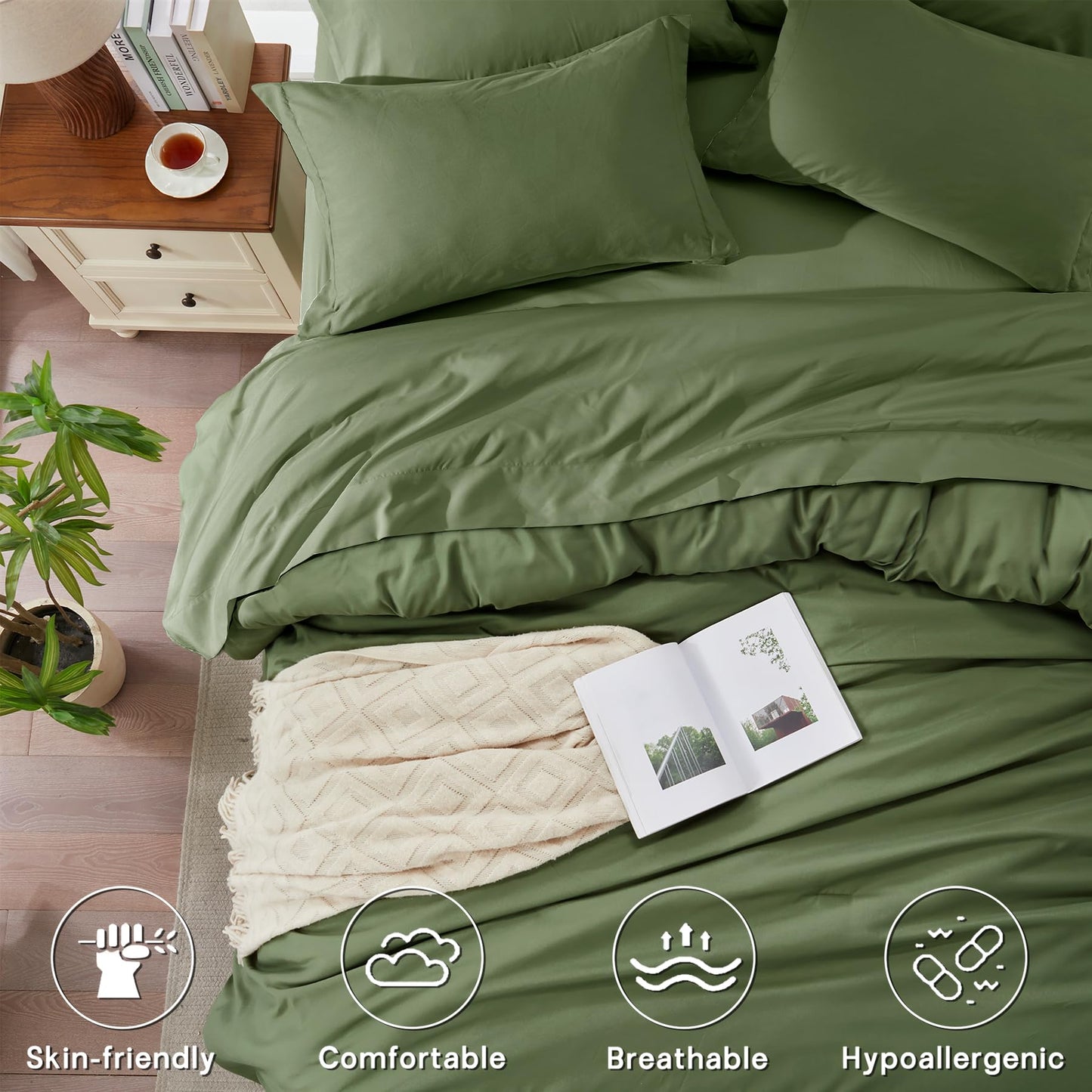 Anluoer King Size Comforter Set 7 Pieces, Olive Green Bed in a Bag Bedding Set with 1 Comforter, 2 Pillow Shams, 2 Pillowcases, 1 Flat Sheet, 1 Fitted Sheet