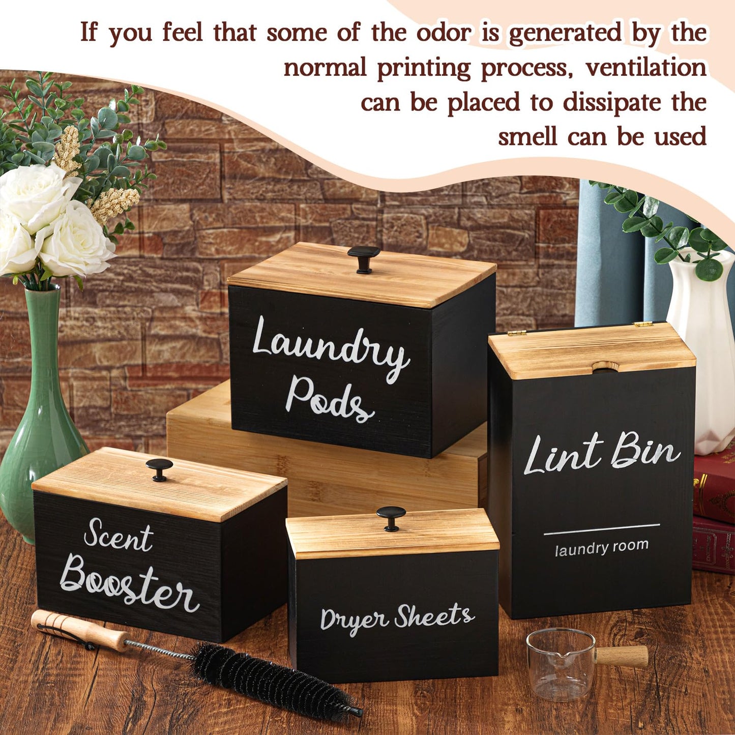 Dandat 4 Pcs Magnetic Laundry Room Organization and Storage Set, Lint Bin with Scoop and Brush Dryer Sheet Holder Laundry Pod Holder Scent Booster Container, Wood Farmhouse Room Container Gift(Black)
