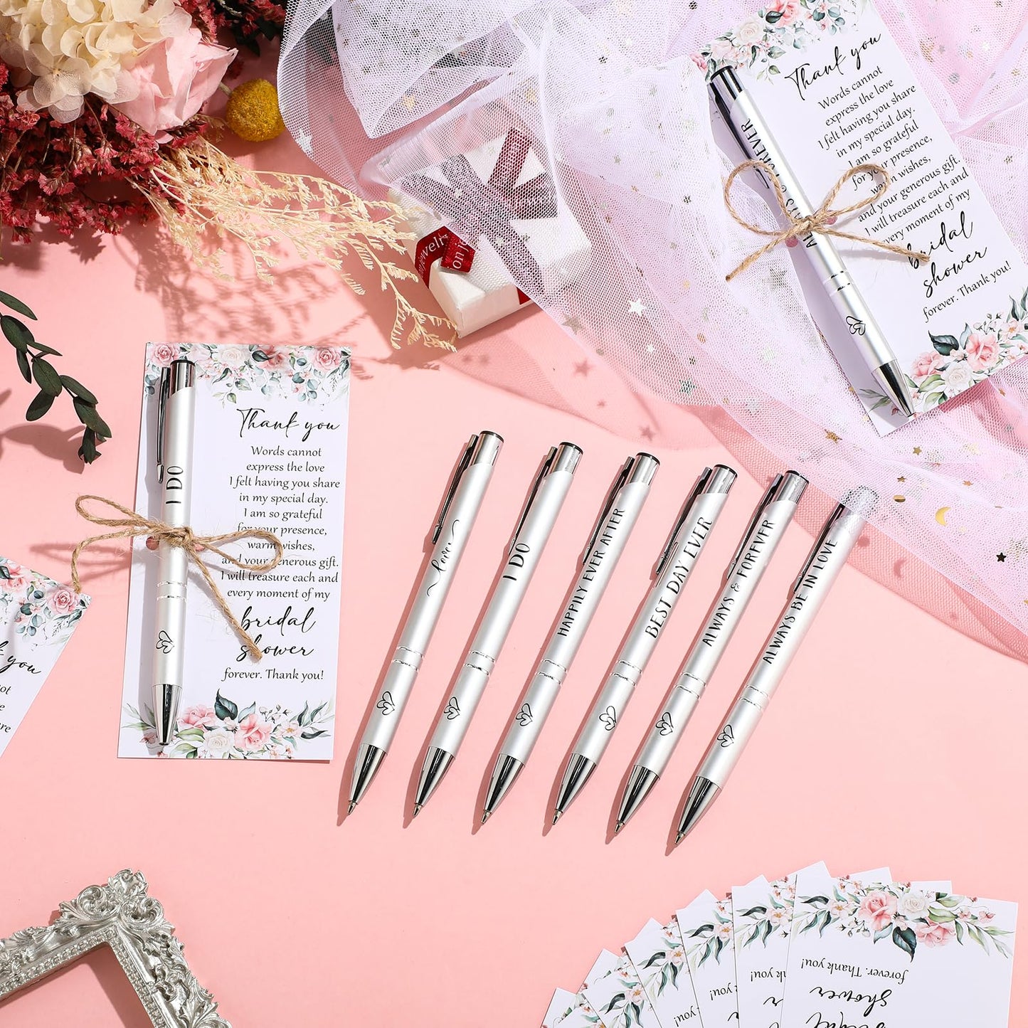 Chiisong 50 Sets Bridal Shower Favors for Guests Wedding Pens Bulk with Thank You Cards Bridal Shower Retractable Ballpoint Pen for Guest Gifts Game Prizes Wedding Souvenirs (Floral)
