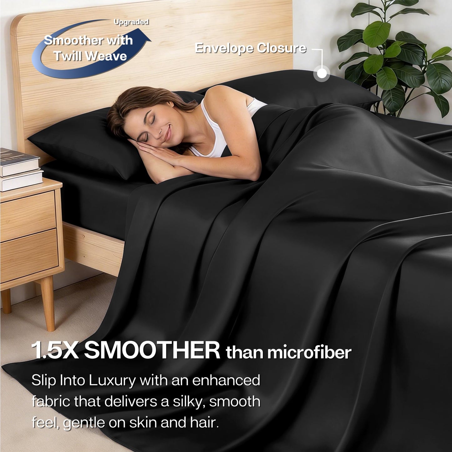 MR&HM Queen Sheet Set, 4-Piece Cooling Sheets, Rayon Derived from Bamboo & Polyester Blend, Soft & Silky, 15" Deep Pockets with Elastic Straps, Hotel Luxury for Hot Sleepers, Black