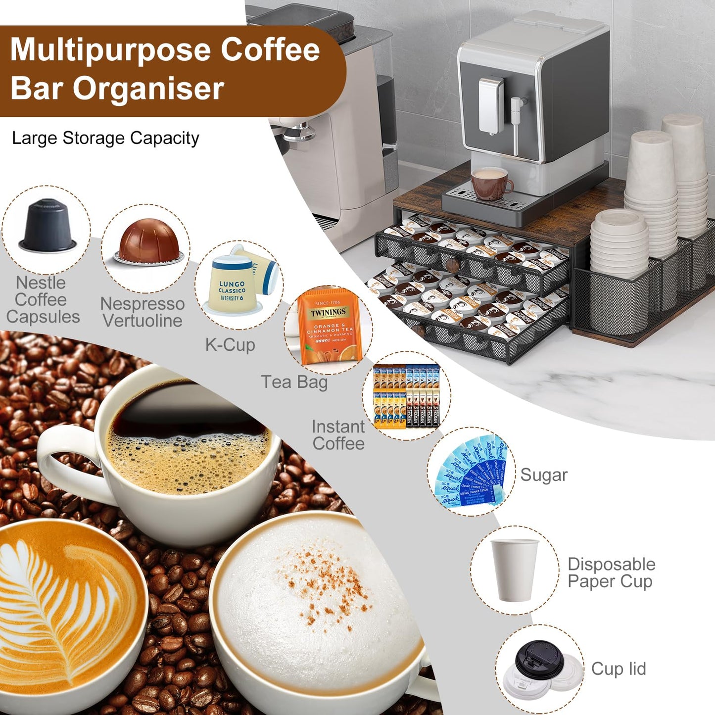 TQVAI K Cup Holder - 60 Capsule Capacity 2 Tier Sliding Pods Storage Drawer with Disposable Cups & Lids Holder, Coffee Bar Station Organizer for Countertop, Black