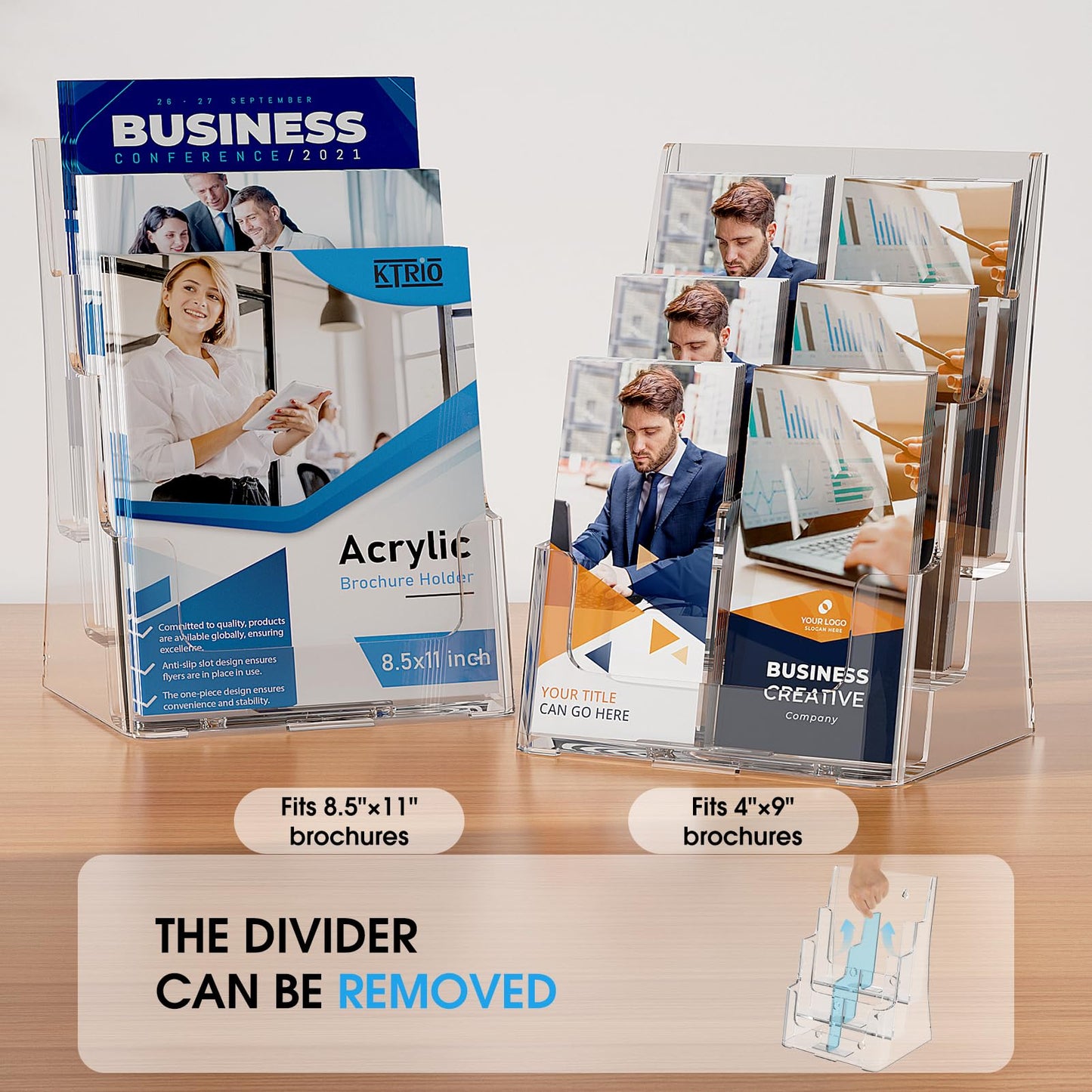 KTRIO Acrylic Brochure Holder 8.5 x 11, 3 Tier Literature & Pamphlet Organizer with Removable Divider for 4 Inch Flyers, Clear Display Stand for Desk & Wall Mount, 2 Pack