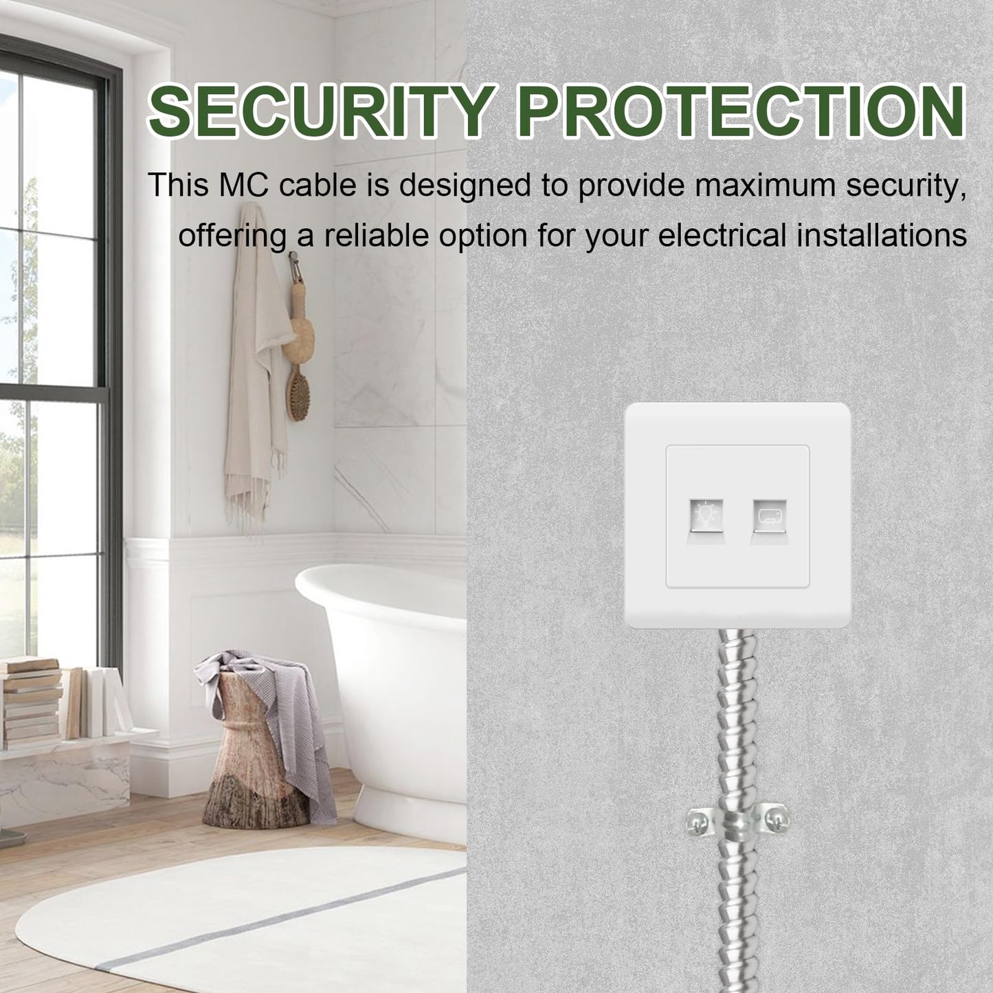 100ft 14/2 Metal Clad (MC) Cable with Ground, 14 Gauge Electric Wire with Aluminum Armor, Solid Bare Copper Conductors for Indoor Outdoor Underground Embedded Installation (14/2, 100 ft)