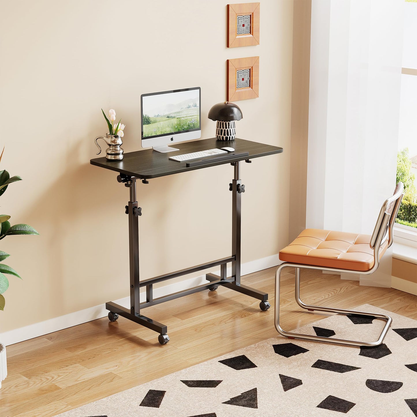 Mu Guang Adjustable Standing Desk - Rolling Portable Desk for Home Office, Black Portable Rolling Desk, Small Standing Desk with Wheels for Walking Pad, Study Room, Teacher