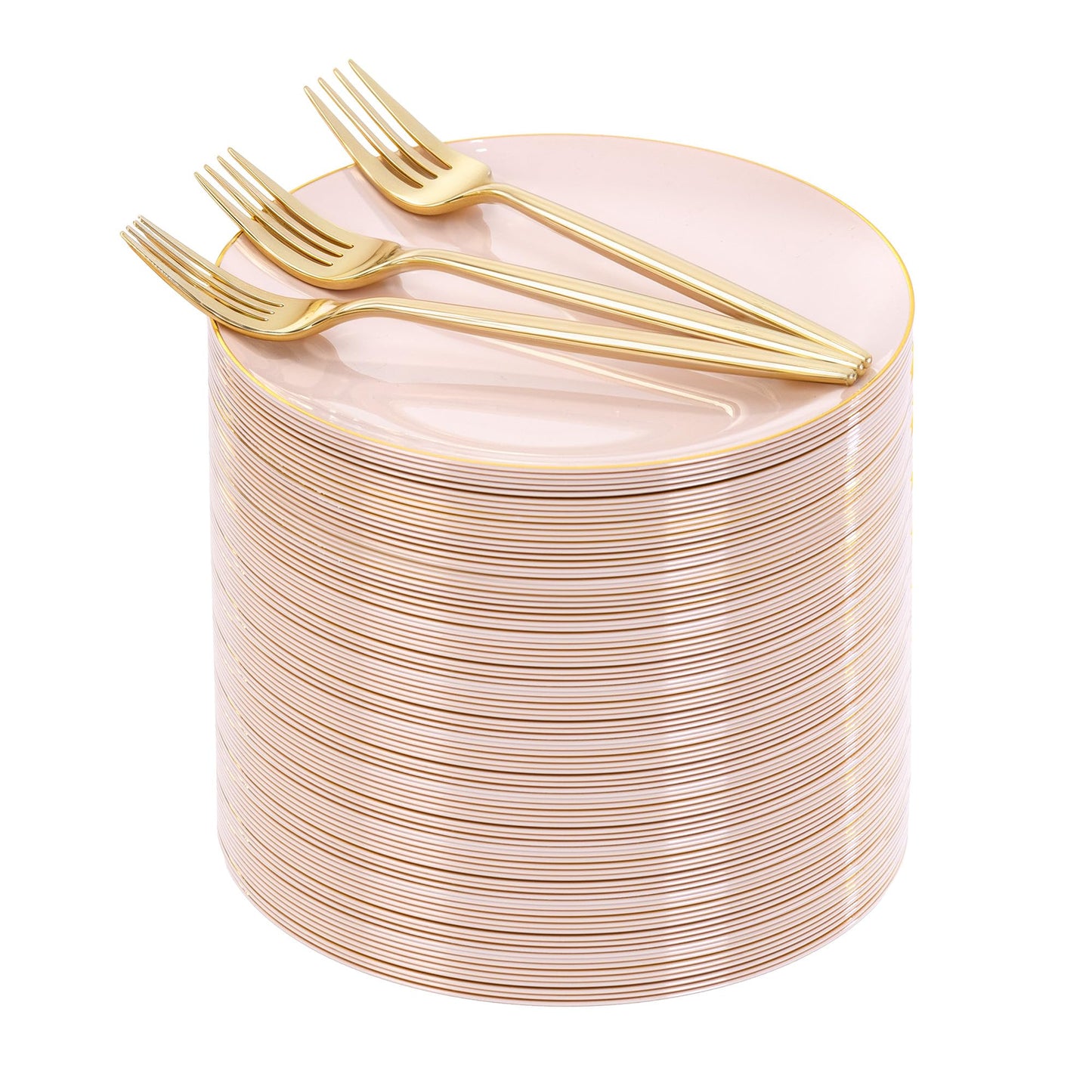 Rubtlamp 200Pcs Plastic Pink Dessert Plates with Disposable Gold Forks,Heavy Duty Pink Disposable Salad Platos,Gold Small Platos,Fancy Appetizer Plates for Mother's Day