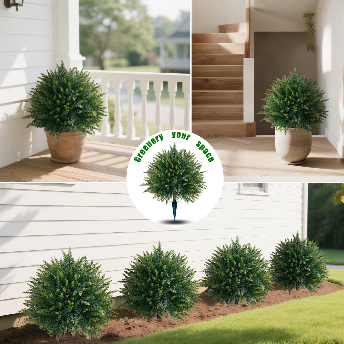 Yangrass 2PCS Artificial Cedar Topiary Ball Trees 23" for Outdoors with Ground Spike, UV Resistant Artificial Cypress Trees, Evergreen Shrubs Bushes Faux Plants for Front Porch Garden Backyard