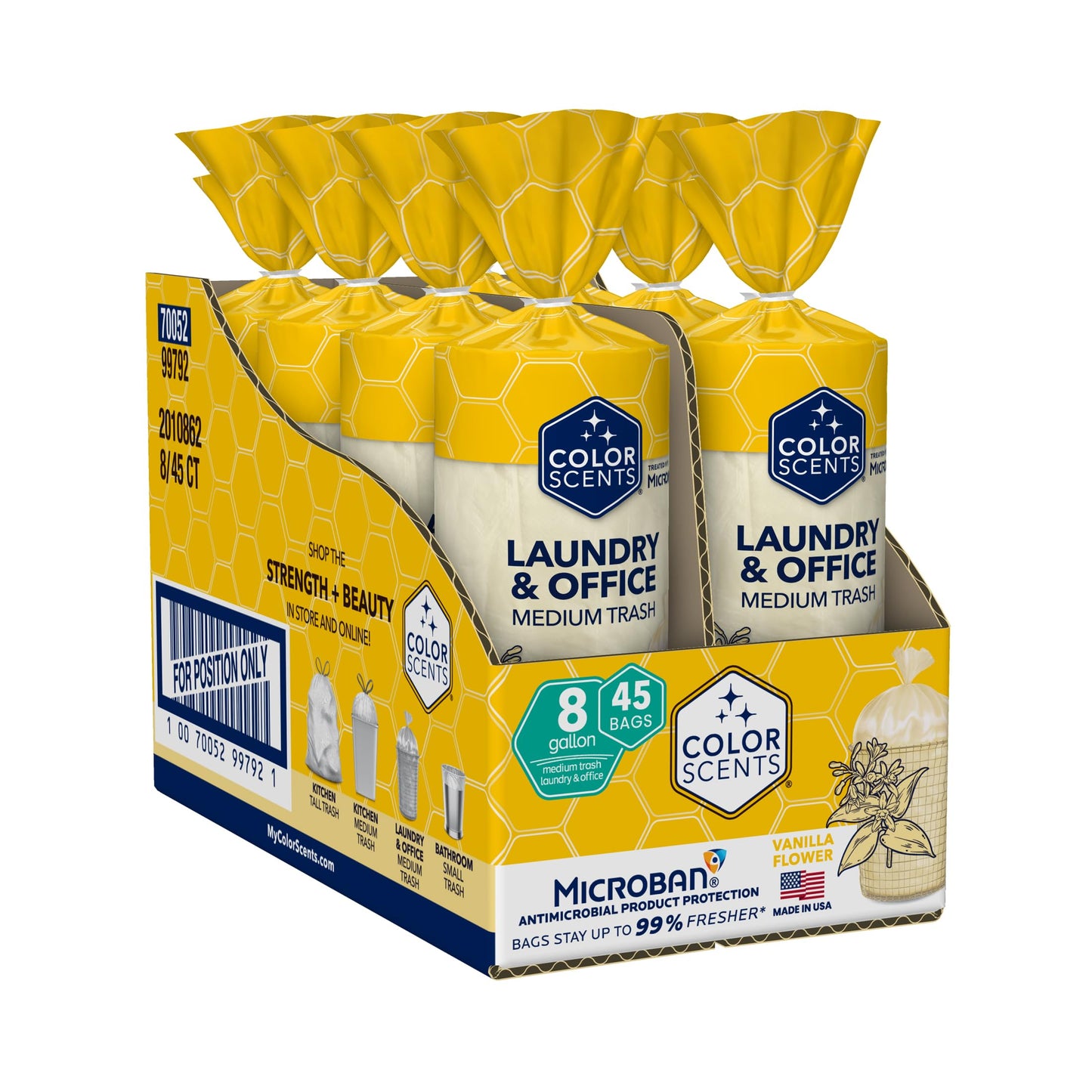 Color Scents Medium Trash Bags - 8 Gallon, 360 Total Bags (8 Packs of 45 Count), Twist Tie - Cream bag in Vanilla Flower Scent with Microban