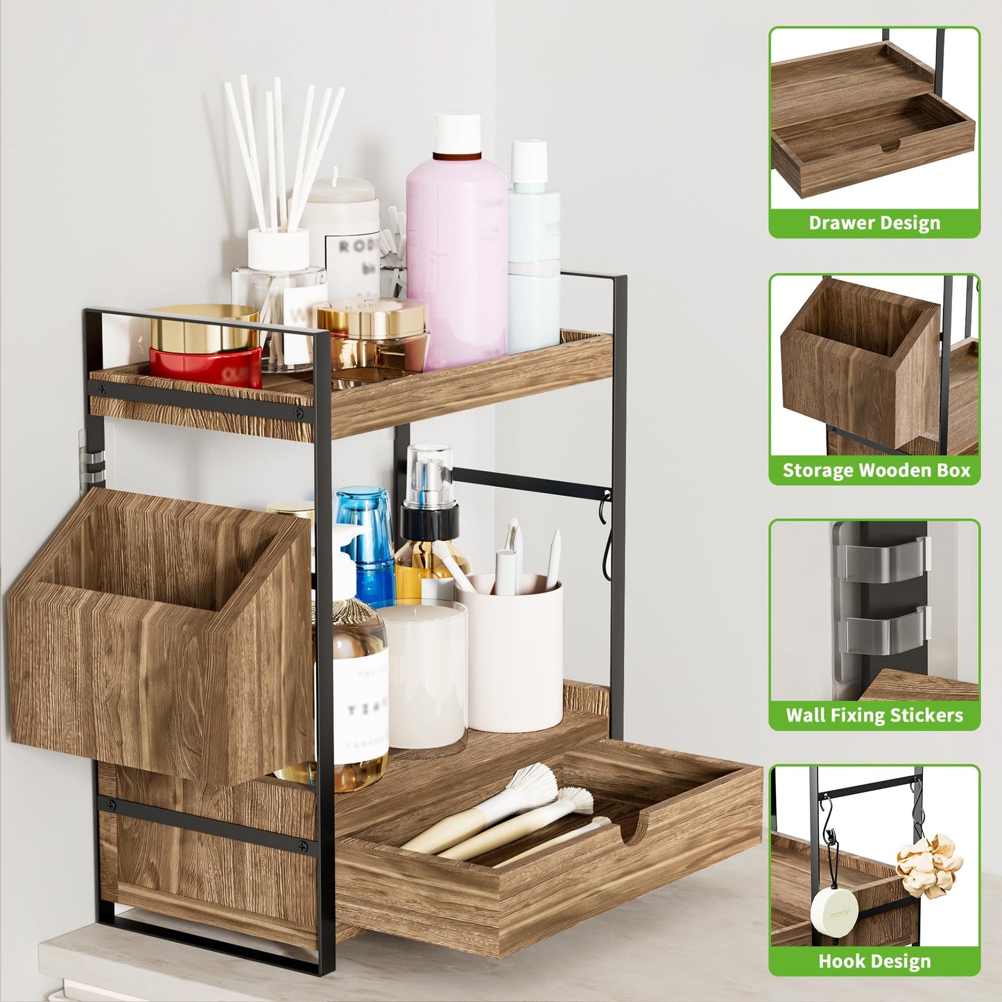 2-Tier Bathroom Counter Organizer with Drawer and Basket, Wood Countertop Organizer for Storage, Skincare Organizers for Vanity, Counter Shelf for Bathroom Organization(Dark Brown)