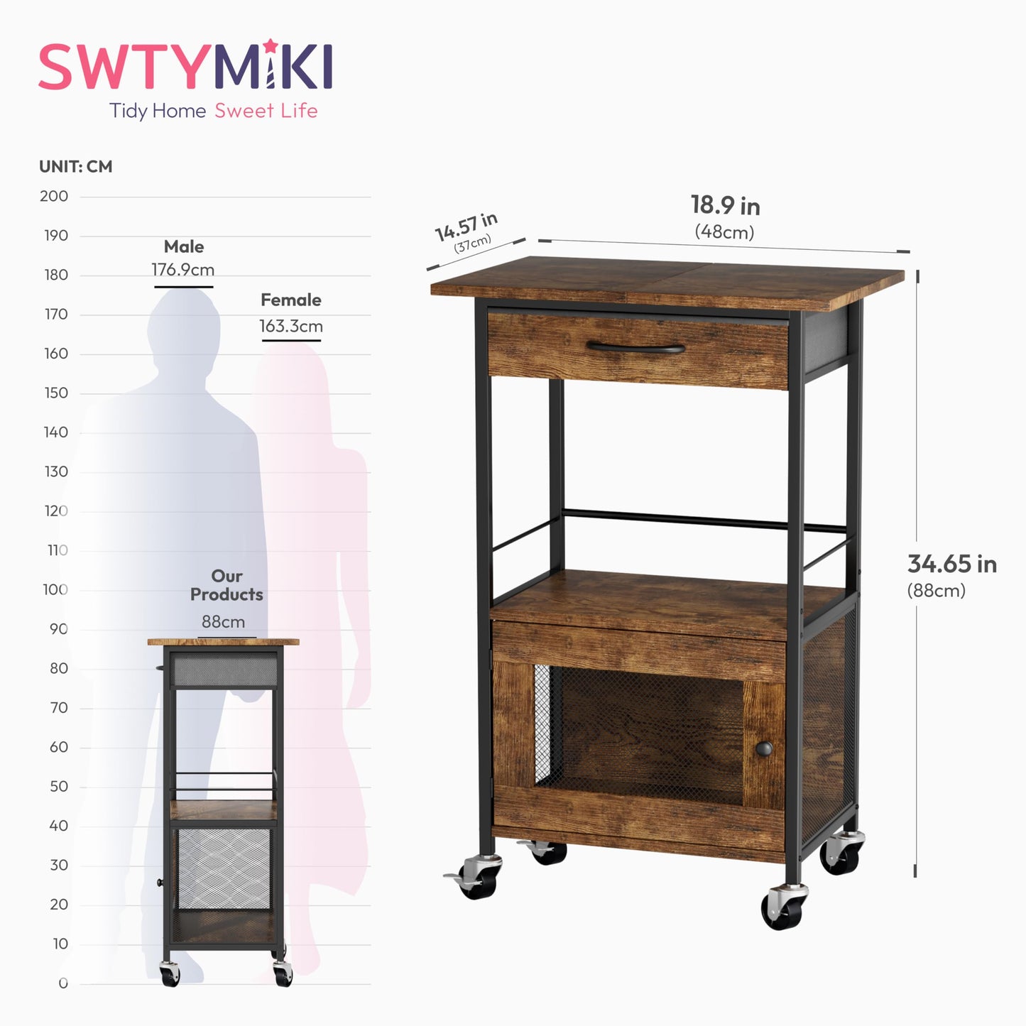 SWTYMIKI Buffets Coffee Bar Cabinet - Rolling Kitchen Rack, Farmhouse Small Coffee Stand with Storage Drawer and Door Cabinet - Kitchen Microwave Stand for Apartment, Living Room, Entryway, Espresso
