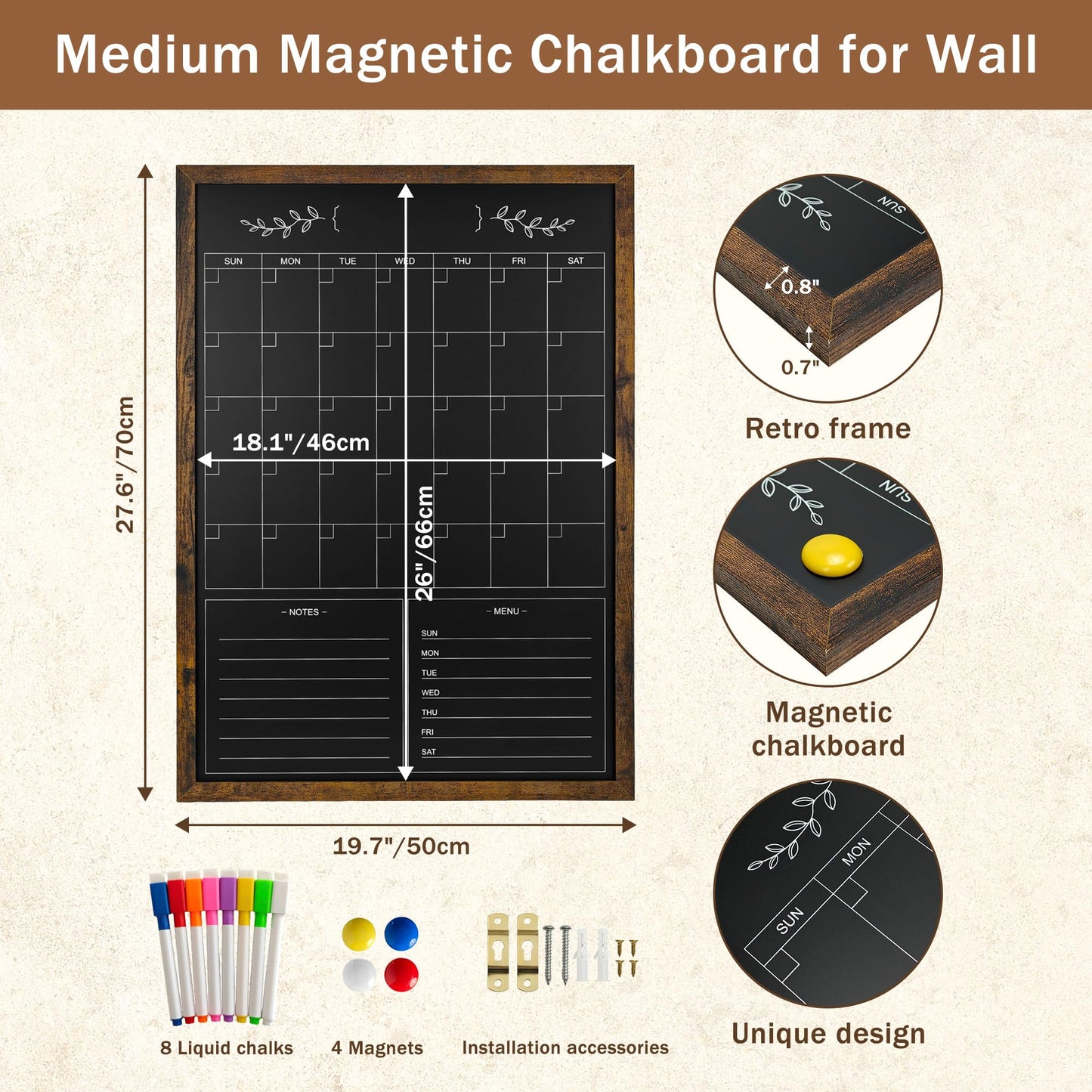 Marribol Chalkboard Calendar for Wall,20" x 28" Rustic Framed Magnetic Chalkboard for Home Kitchen Office School