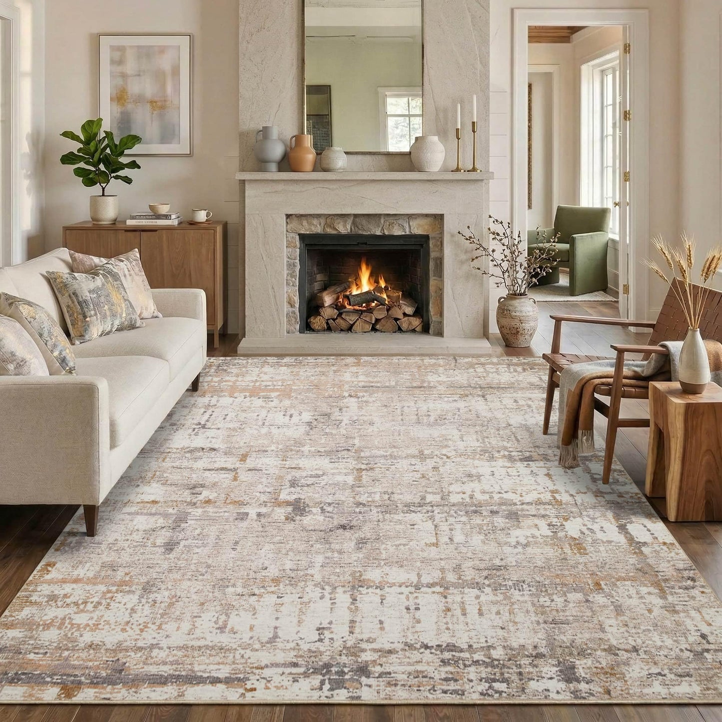 Rugxara 6x9 Washable Area Rug for Living Room, Modern Abstract Large Boho Rugs for Office, Dining Room, Kids Room, Farmhouse, Durable Low Pile Non Slip Carpet for High Traffic Areas, Beige Grey