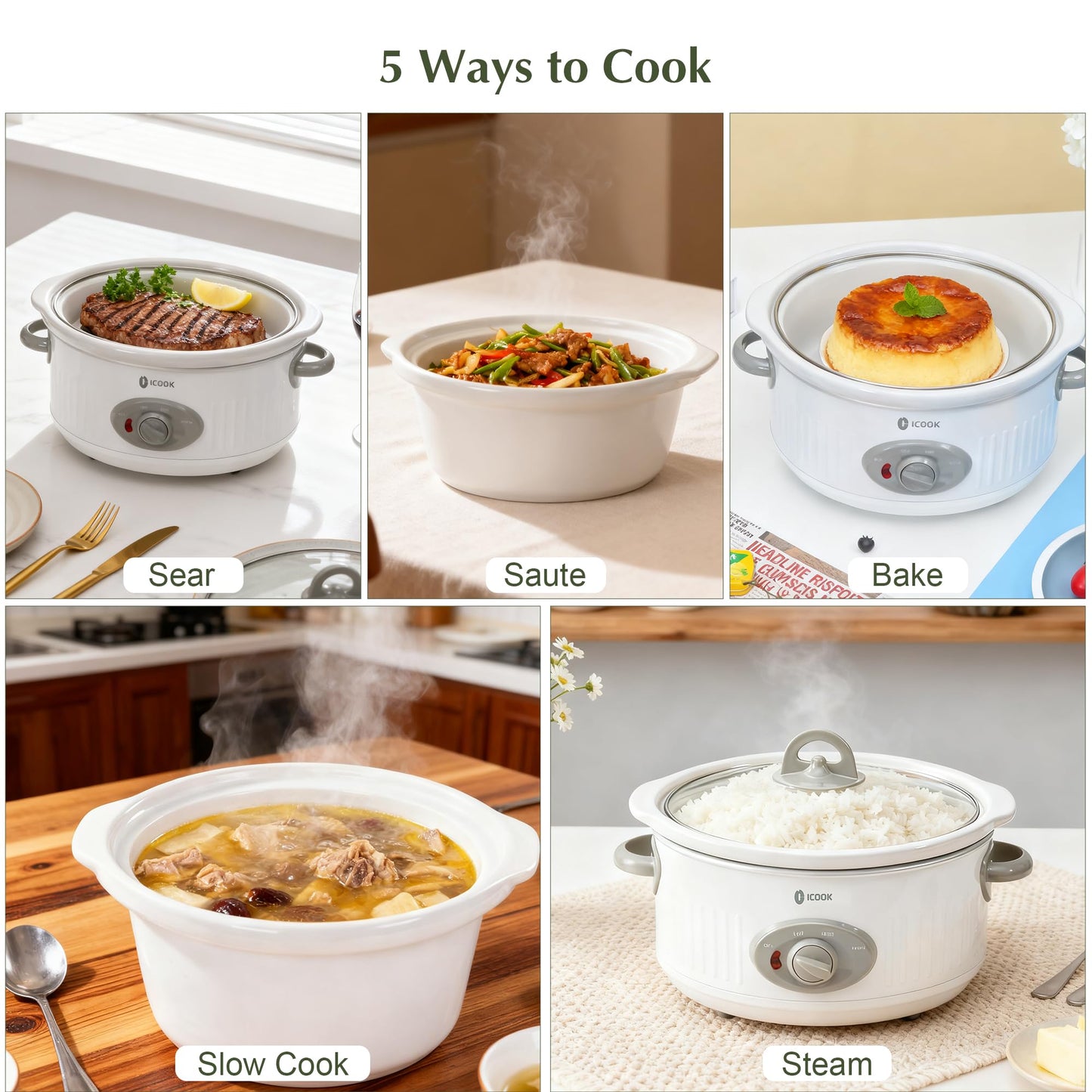 3.5 Quart Slow Cooker with 3 Heat Settings, Non-Stick and Dishwasher Safe, Removable Ceramic Pot Tempered Glass Lid, Cool Touch Handles for Entrees, Soups, Stews, Ivory White