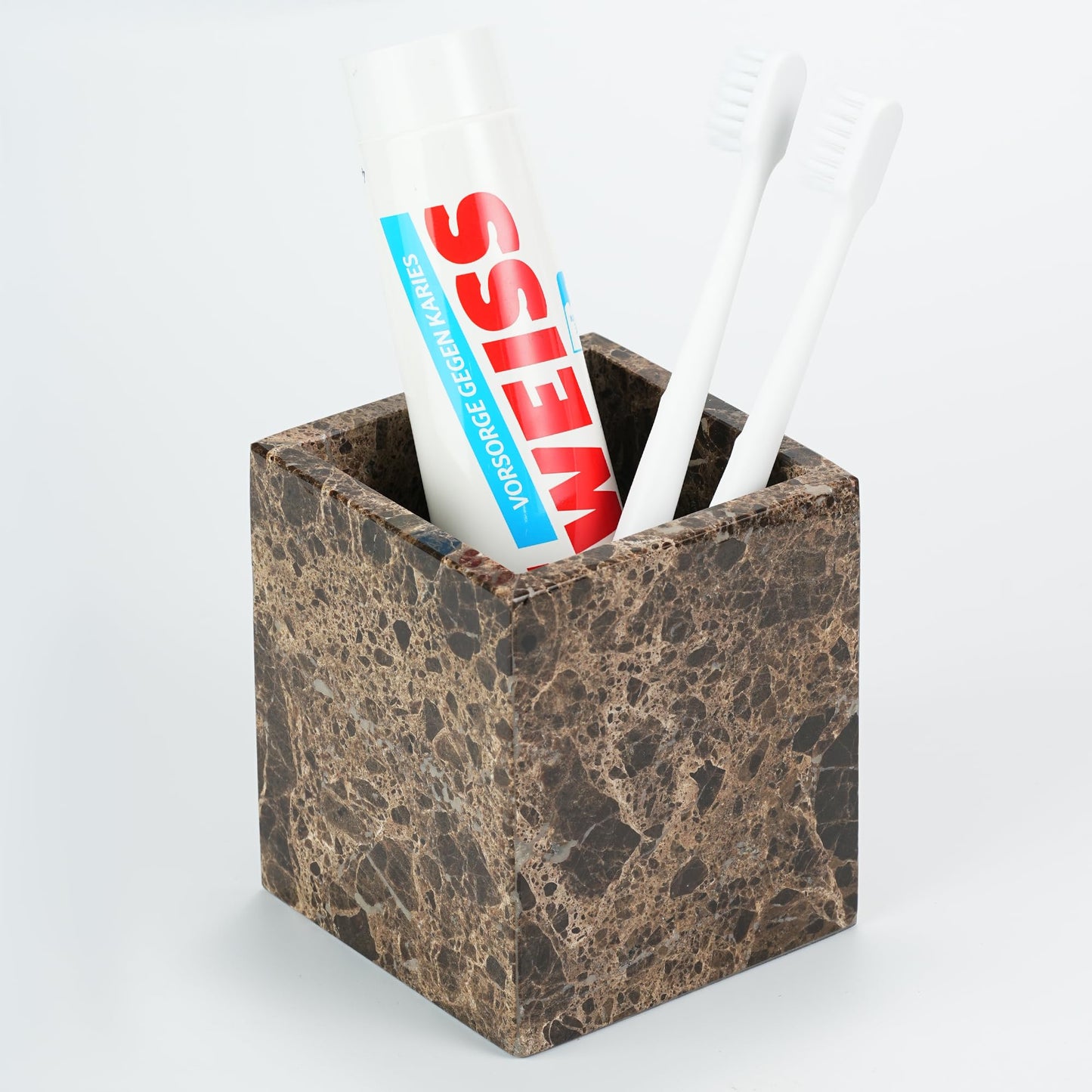 LWALMS Marble Makeup Brush Holder - Brown Candle Toothbrush Cup for Bathroom Accessories, Decorative Pencil Organizer for Office Desk Aesthetic, Stone Utensil Container for Kitchen Countertop