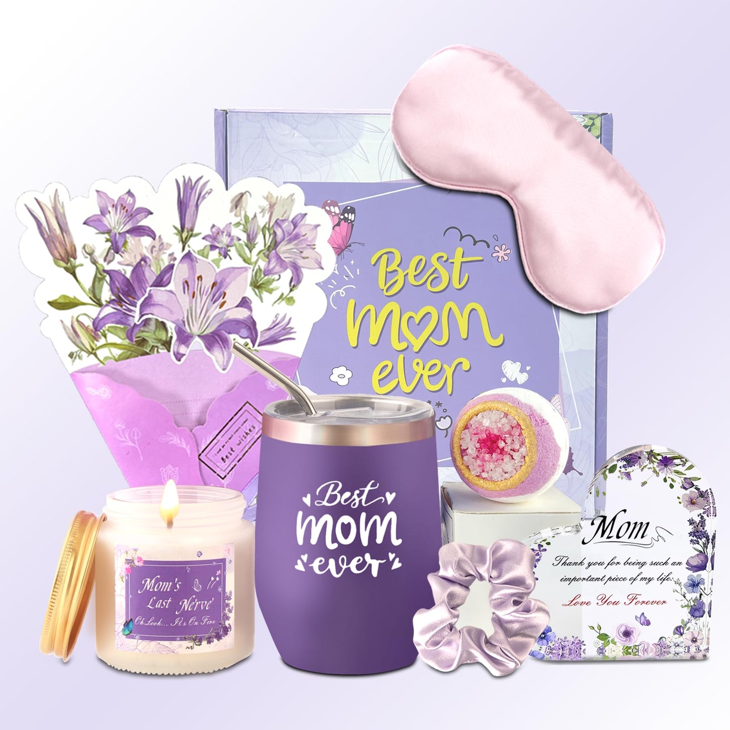 Neekiko Gifts for Mom, Birthday Mothers Day Gifts for Mom from Daughter Son, Lavender Relaxing Gift Basket Set with 12 oz Wine Glass, Funny Mothers Day Gift Ideas for Mama Mother in Law, Purple