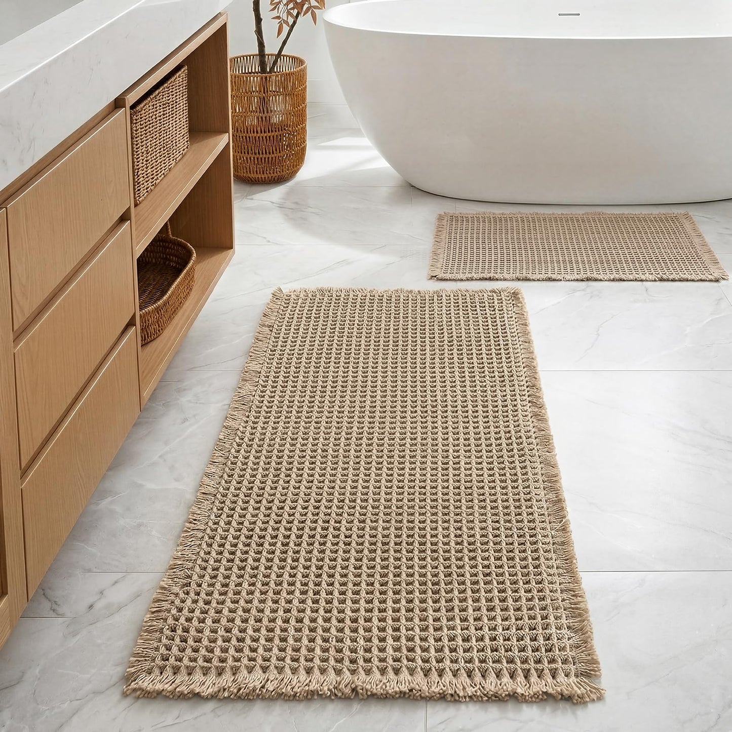 Furicher Large Waffle Bath Mat Set, Non Slip Bath Rug Set, Ultra Absorbent Bath Mats for Bathroom Decor, Extra Soft Floor Kitchen Rugs Sets 2 Piece, Washable Bath Runner Rug, Brown, 20"×47" & 16"×24"