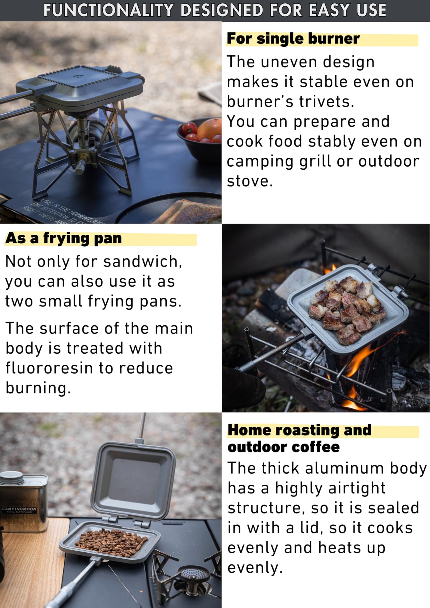 camping moon Sandwich Maker Hot Sand Single Burner Gas Fire Open Fire Compact Aluminum TT-1315 (Silver w/bag)