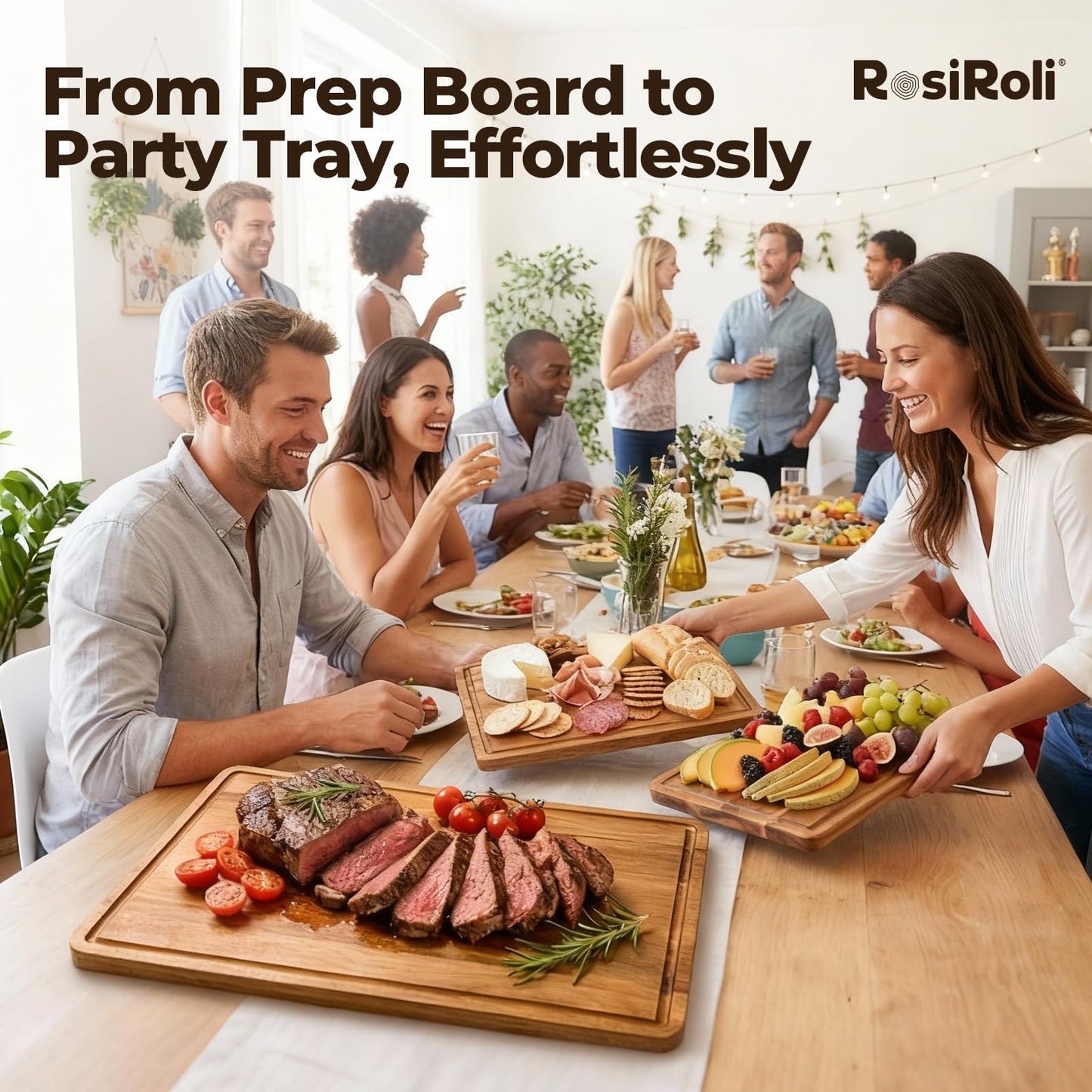 RosiRoli Acacia Wood Cutting Board for Kitchen, Set of 3 - Durable Thick Chopping Boards with Juice Grooves & Handles for Prep & Serving, Impressive Gift for Housewarming, Kitchen Gifts for Mom