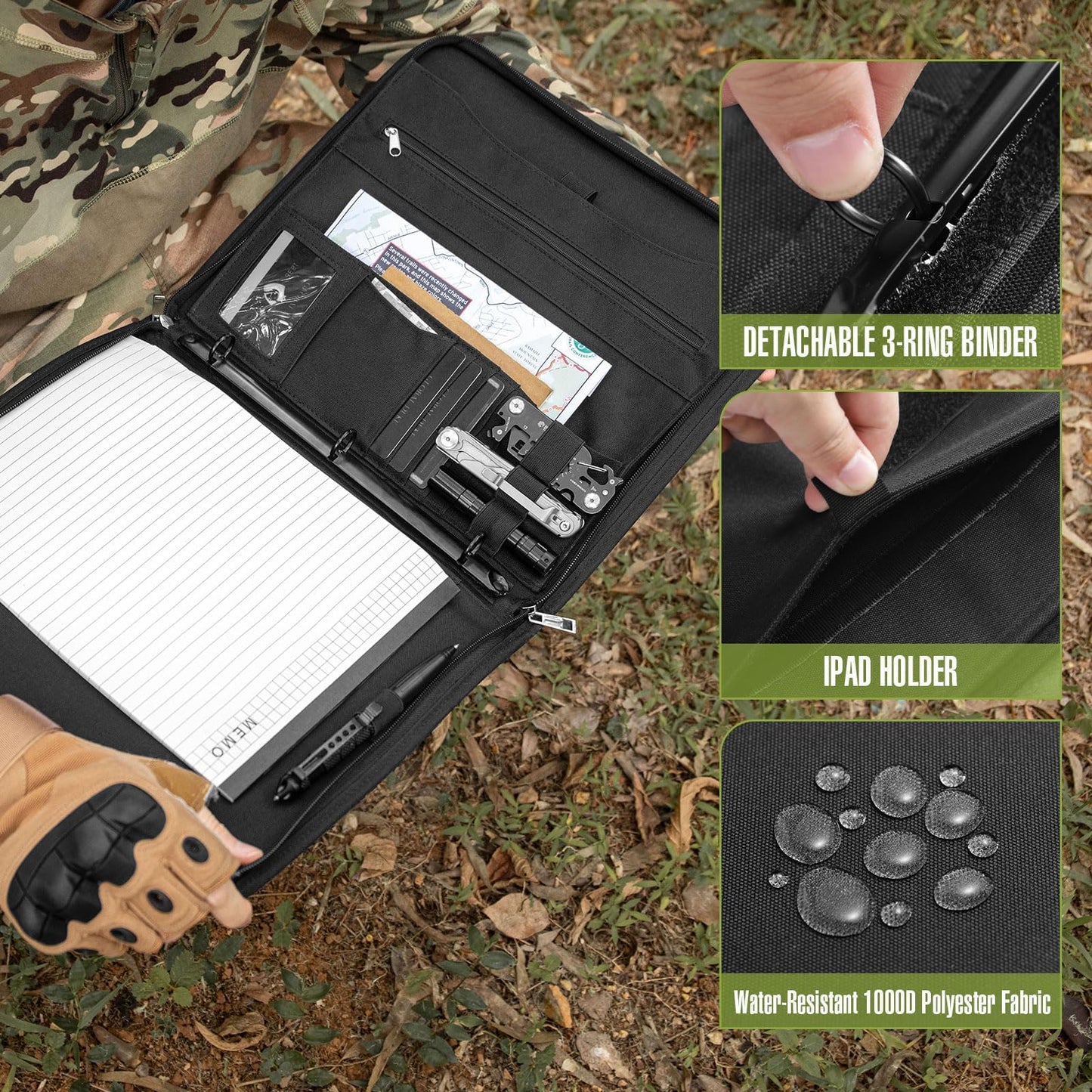 Kosibate Tactical Padfolio Portfolio Binder with Zipper and 25 Sheets of Letter Size Paper,Notebook Cover,Tactical Notebook with Zippered for Folders,Detachable 3-Ring Binder(A4,Black,13.5X 11.5Inch)