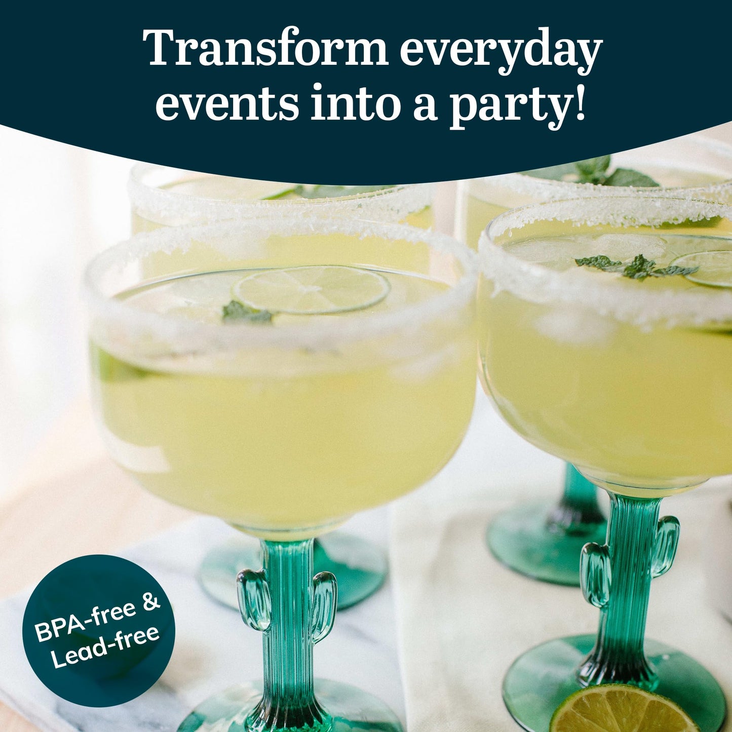 Libbey Cactus Margarita Glasses Set of 4, Durable Green Stemmed Cocktail Glasses, Lead-Free Cactus Glassware, Unique Plant Themed Frozen Margarita Glasses, 16-Ounce